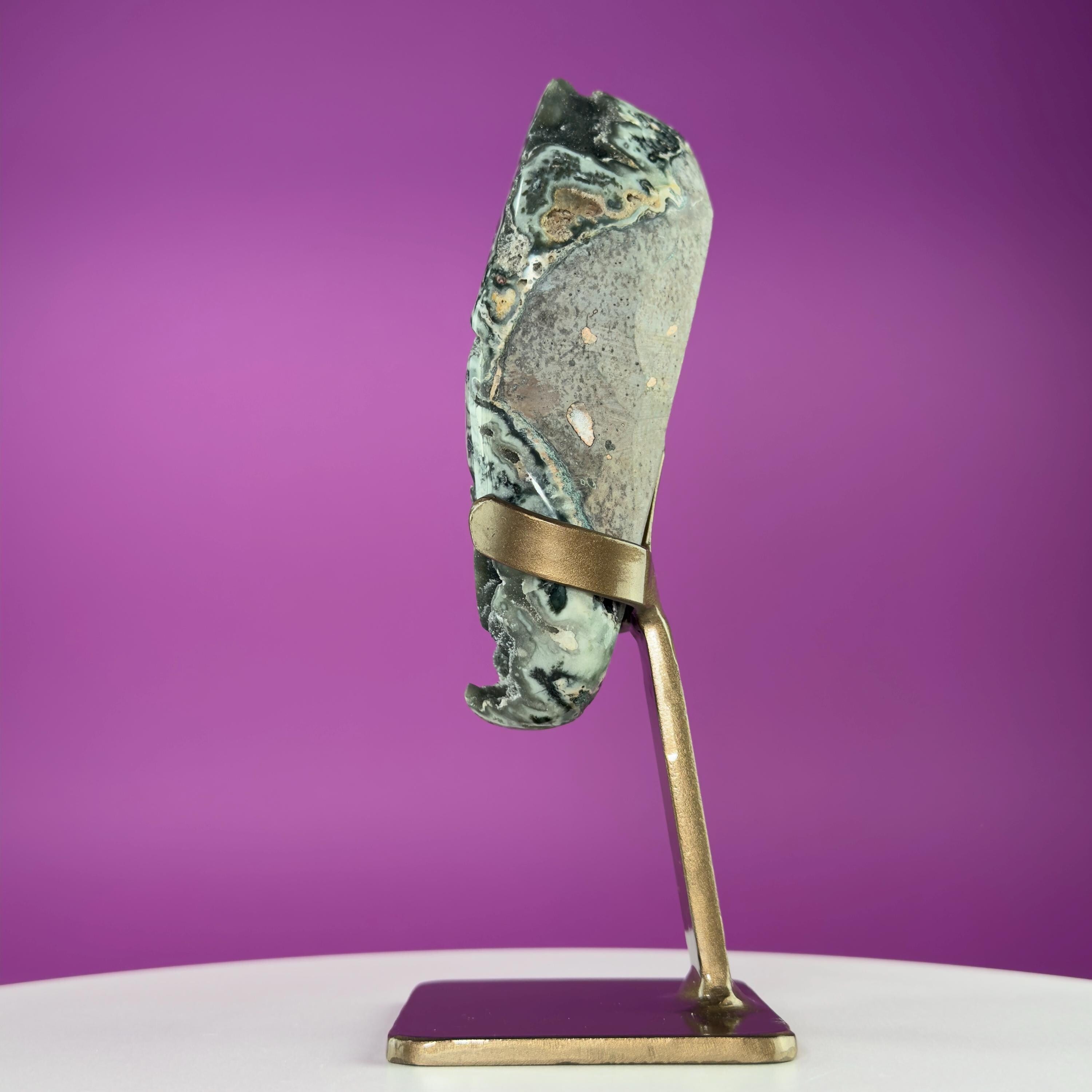 Green Jasper Amethyst Druzy Specimen on Custom Gold Stand | Collector Mineral Display
