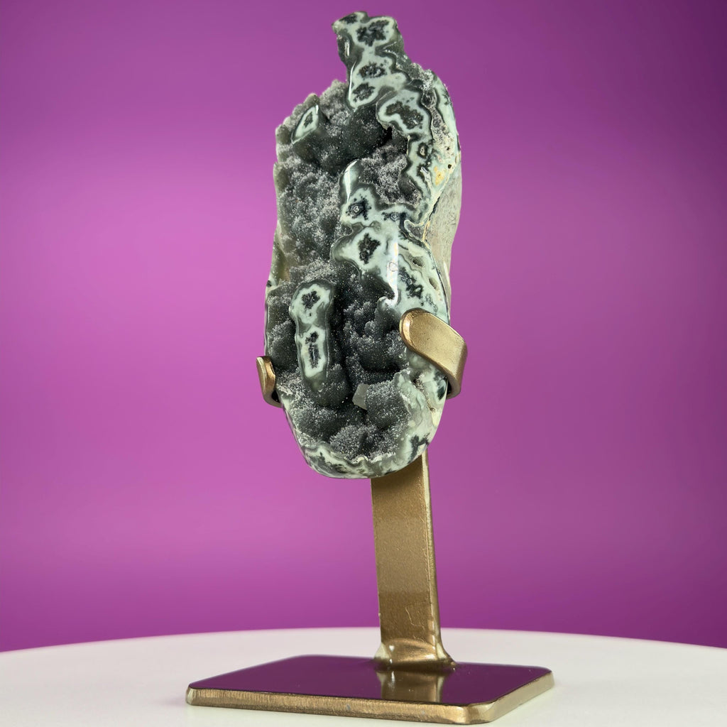 Green Jasper Amethyst Druzy Specimen on Custom Gold Stand | Collector Mineral Display