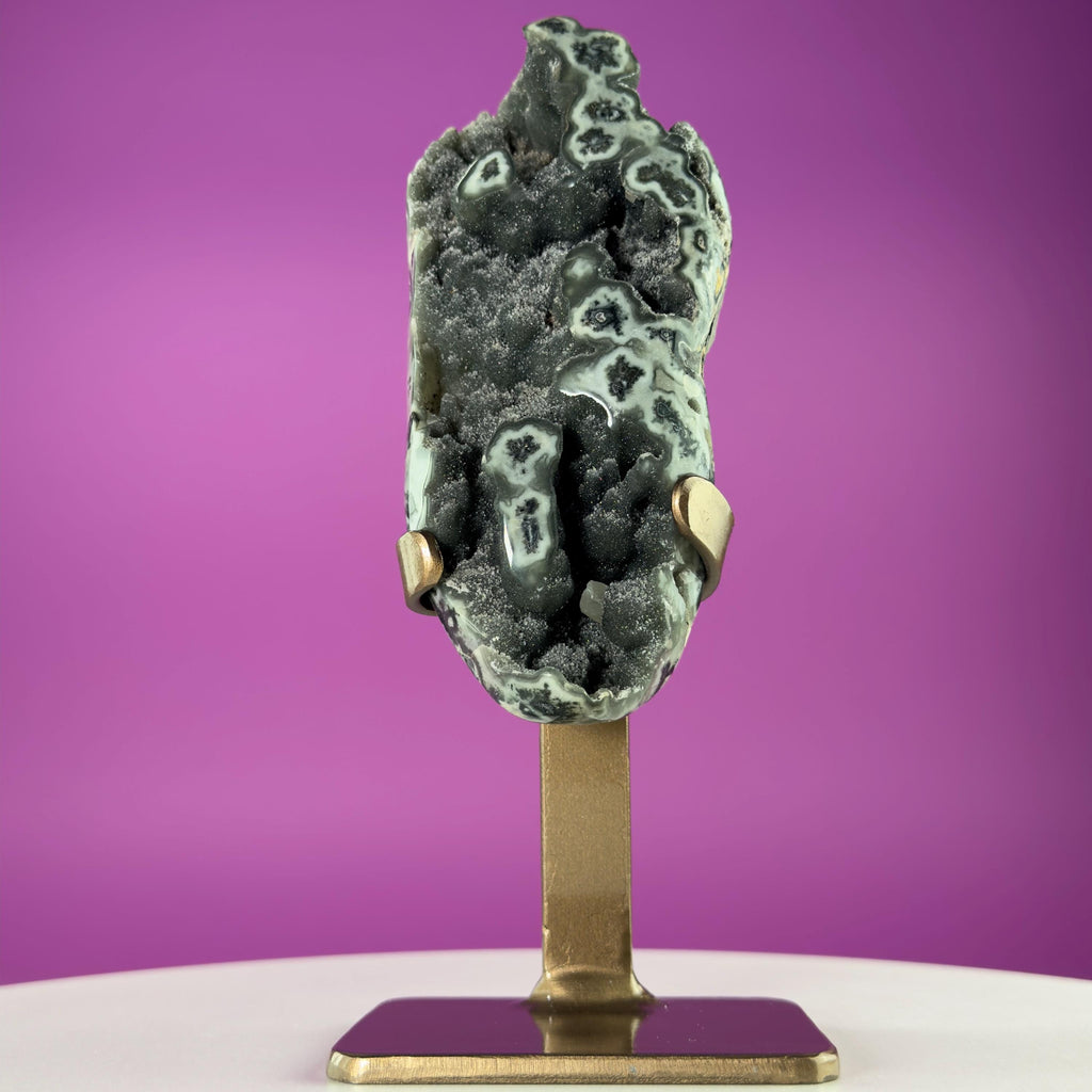 Green Jasper Amethyst Druzy Specimen on Custom Gold Stand | Collector Mineral Display