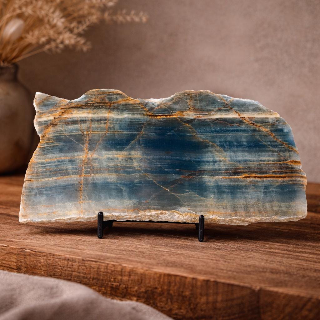 Blue Onyx Slab with Stand 380g | Polished Crystal Display Stone | Natural Home Decor Gift