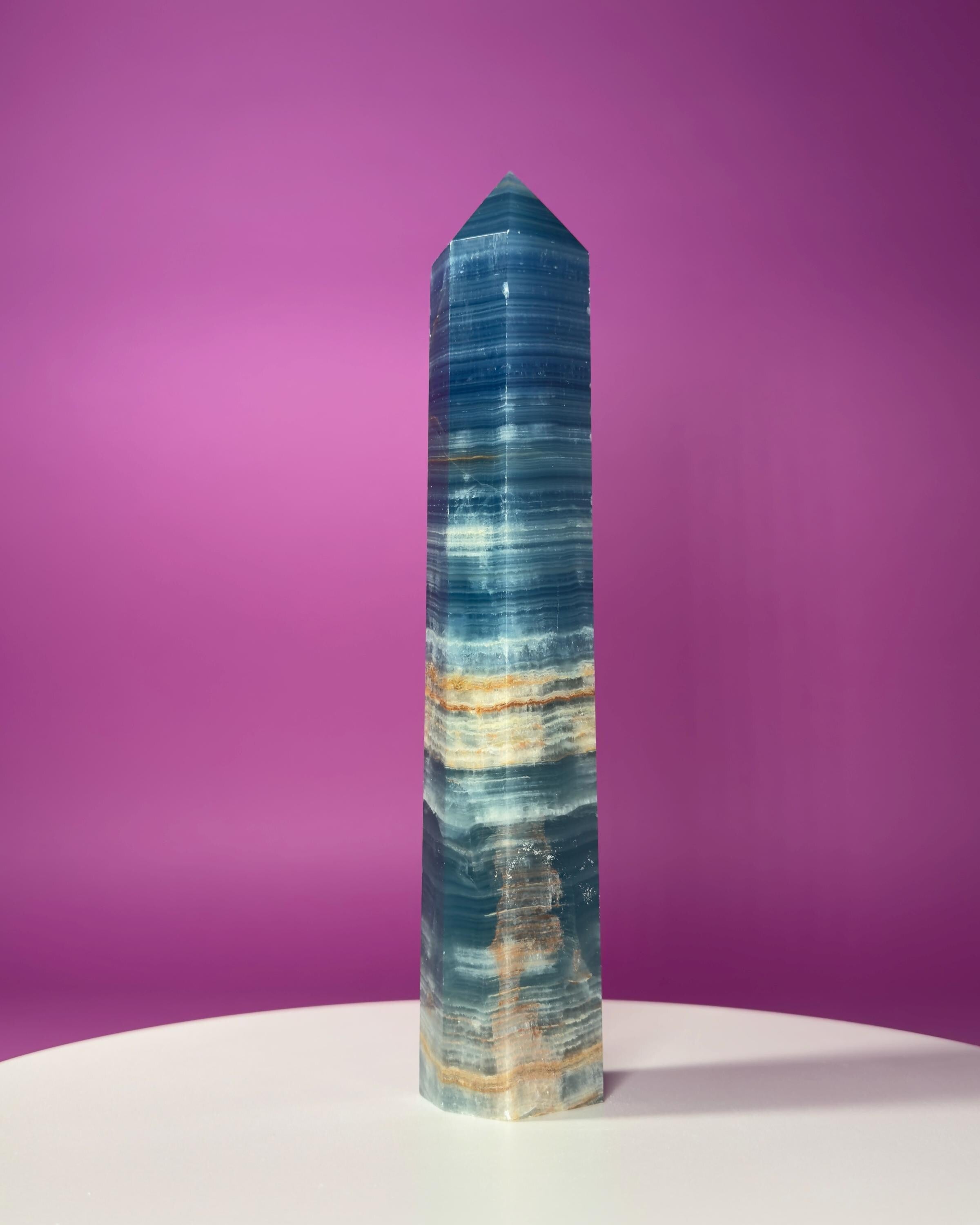 Blue Onyx (Aquatine Calcite) Tower – 910g Banded Blue Crystal Tower