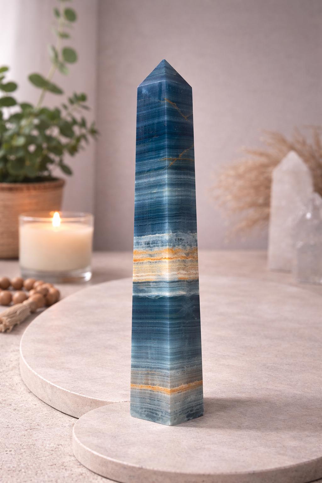 Blue Onyx (Aquatine Calcite) Tower – 910g Banded Blue Crystal Tower