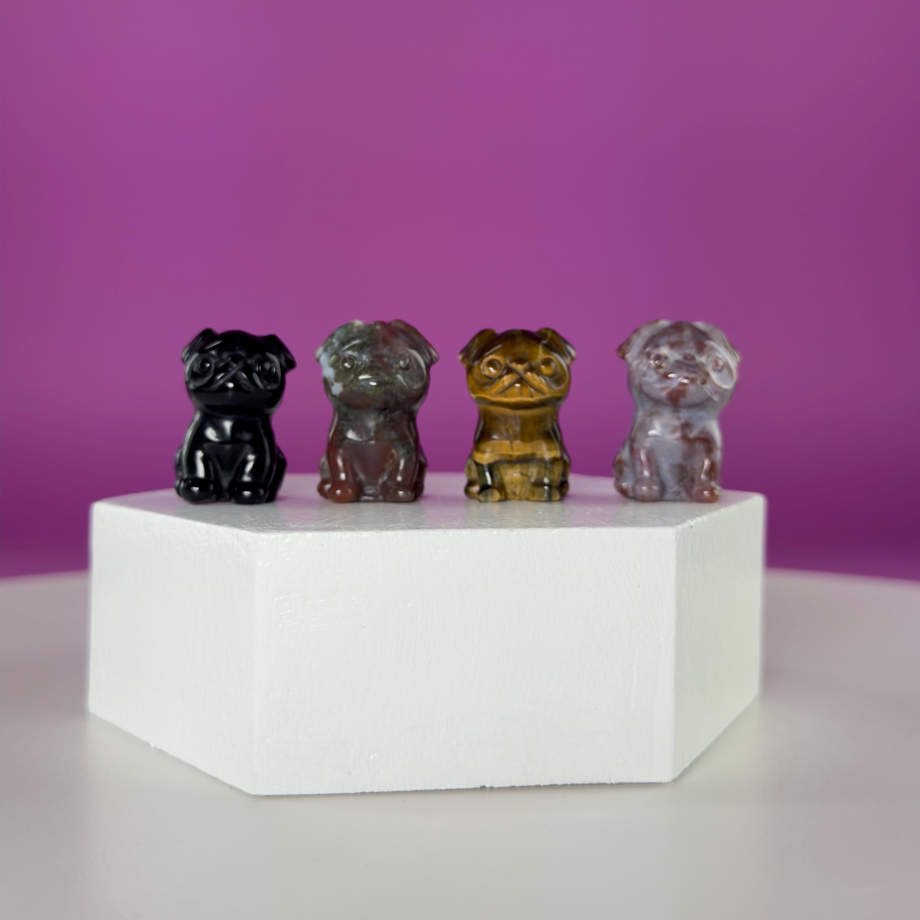Mini Crystal Pug Dog Carving  Obsidian, Bloodstone, Tiger Eye & Ocean Jasper