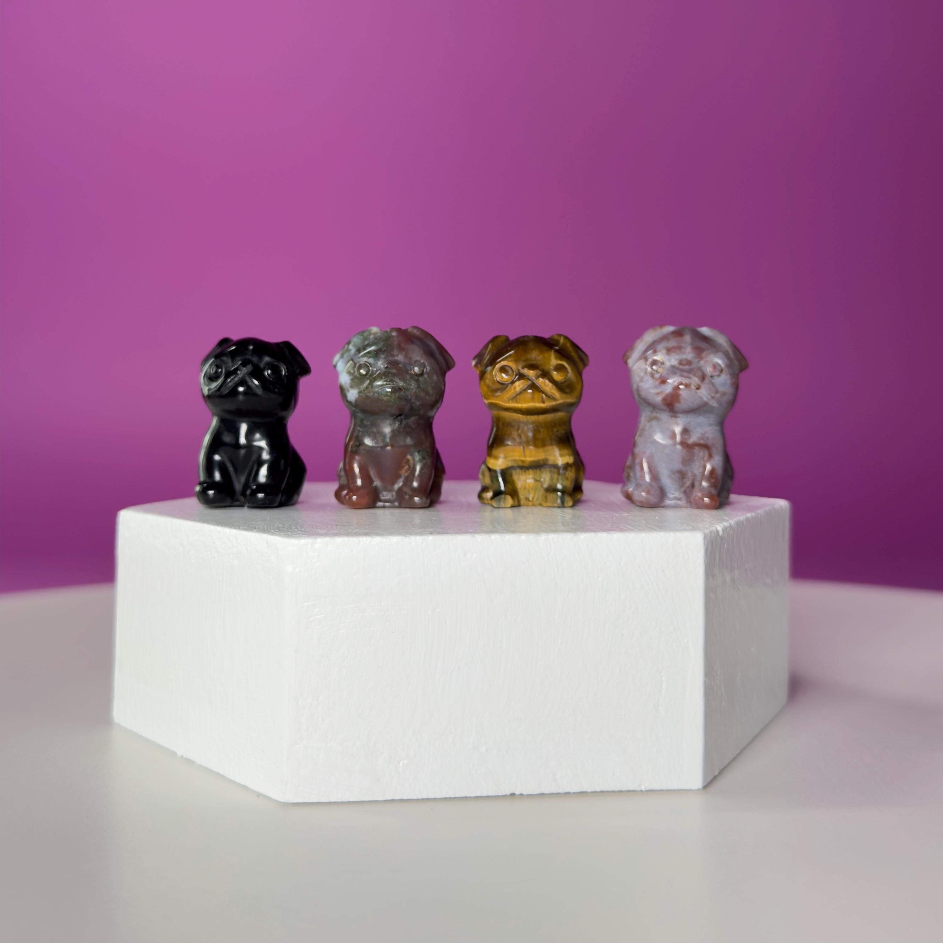Mini Crystal Pug Dog Carving  Obsidian, Bloodstone, Tiger Eye & Ocean Jasper