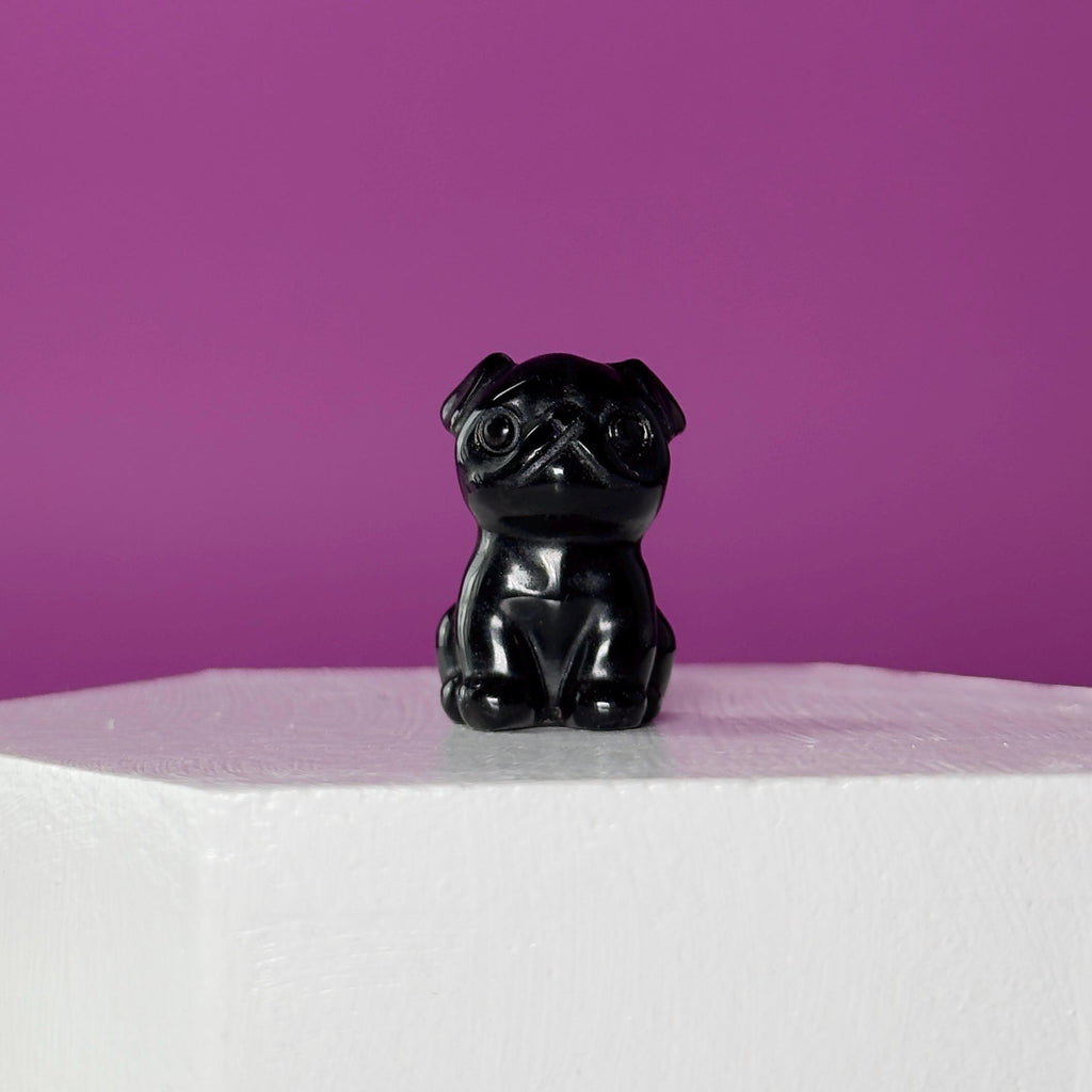 Mini Crystal Pug Dog Carving  Obsidian, Bloodstone, Tiger Eye & Ocean Jasper
