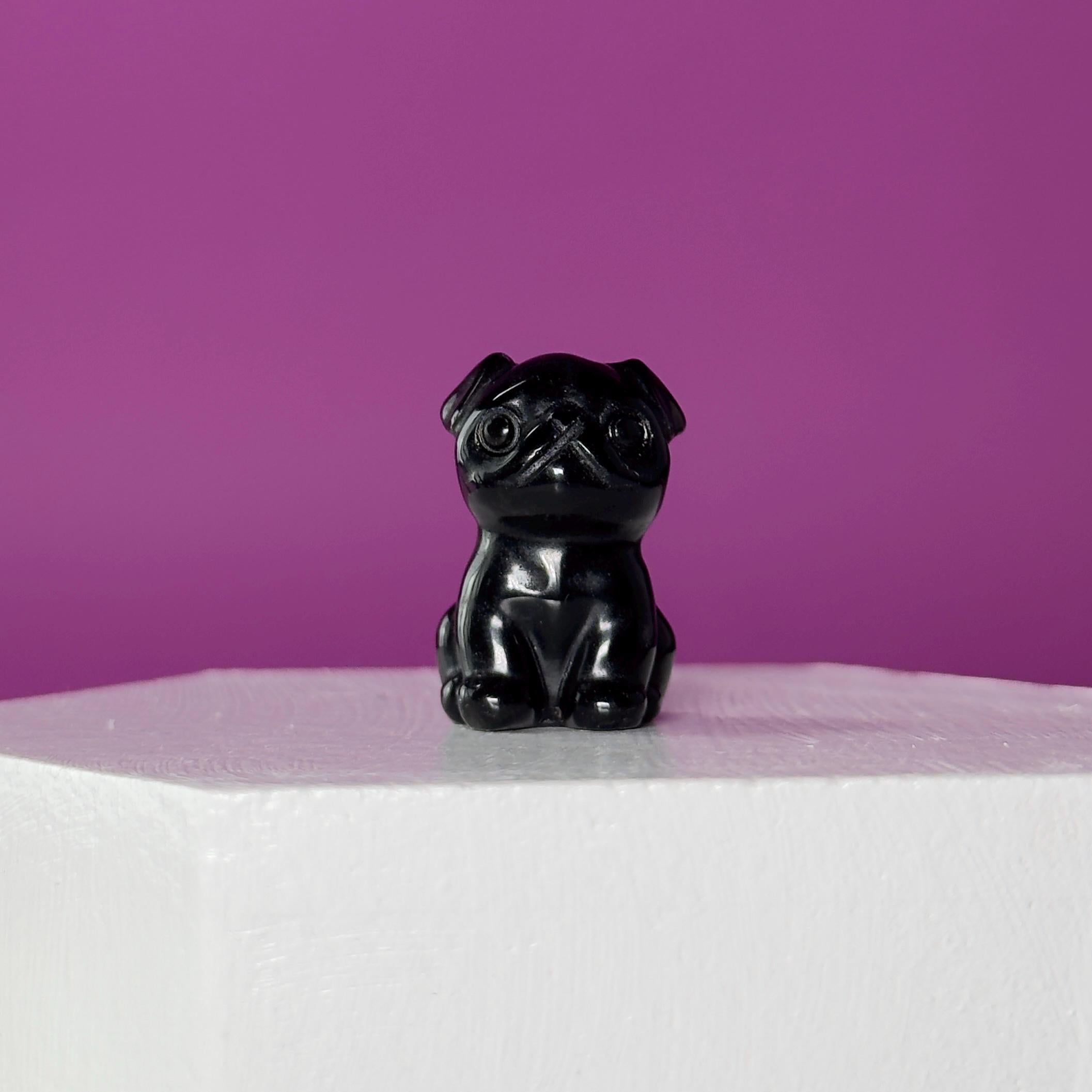 Mini Crystal Pug Dog Carving  Obsidian, Bloodstone, Tiger Eye & Ocean Jasper