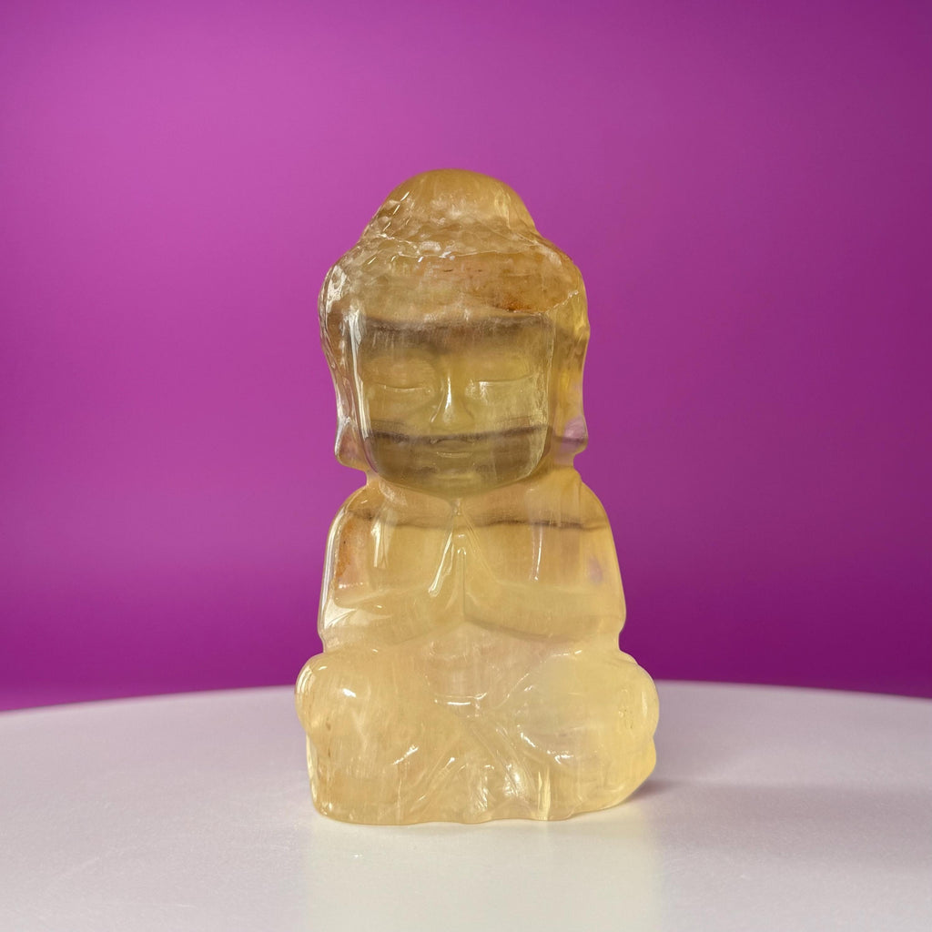 Yellow Fluorite Baby Buddha Carving – Meditation Crystal Statue for Spiritual Decor