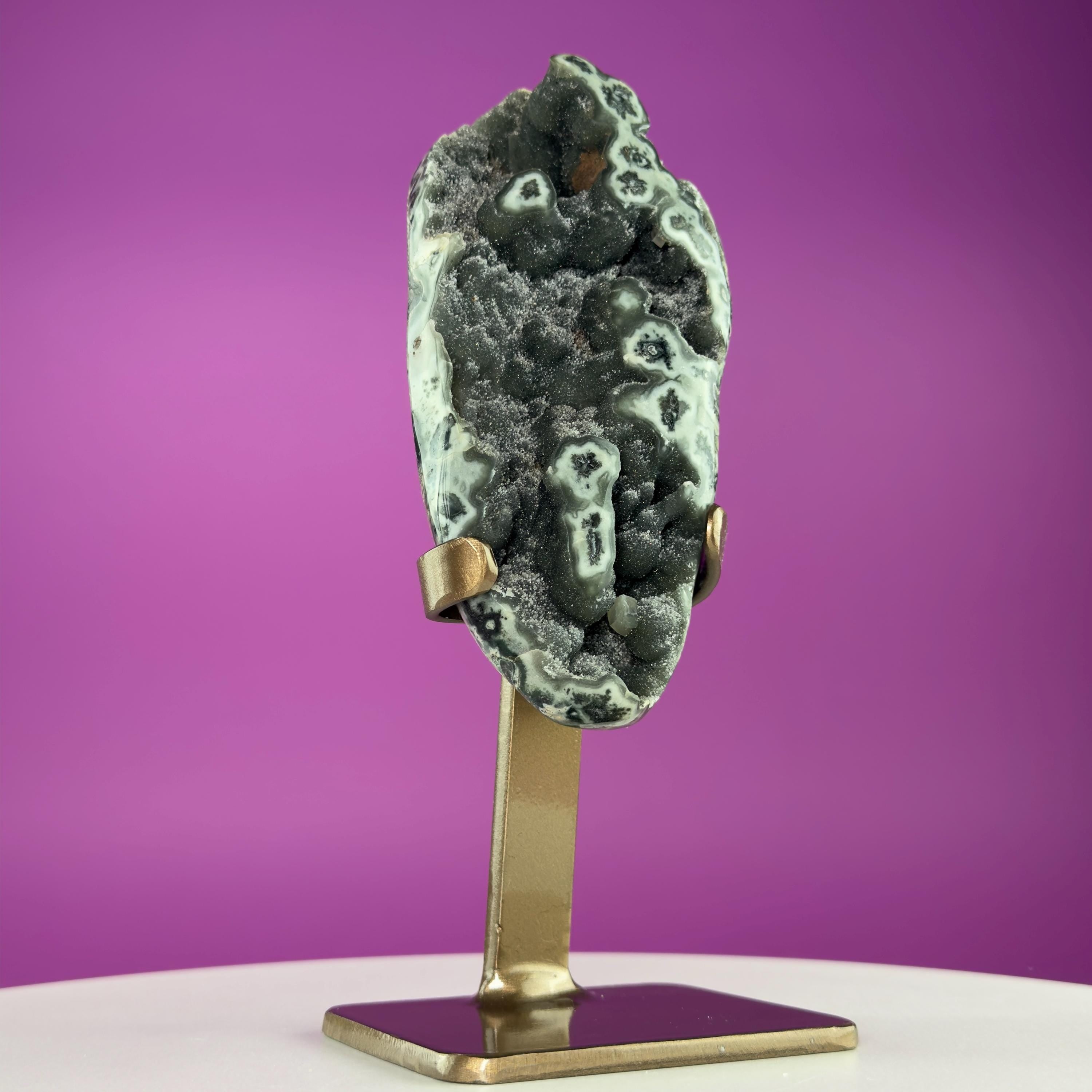 Green Jasper Amethyst Druzy Specimen on Custom Gold Stand | Collector Mineral Display