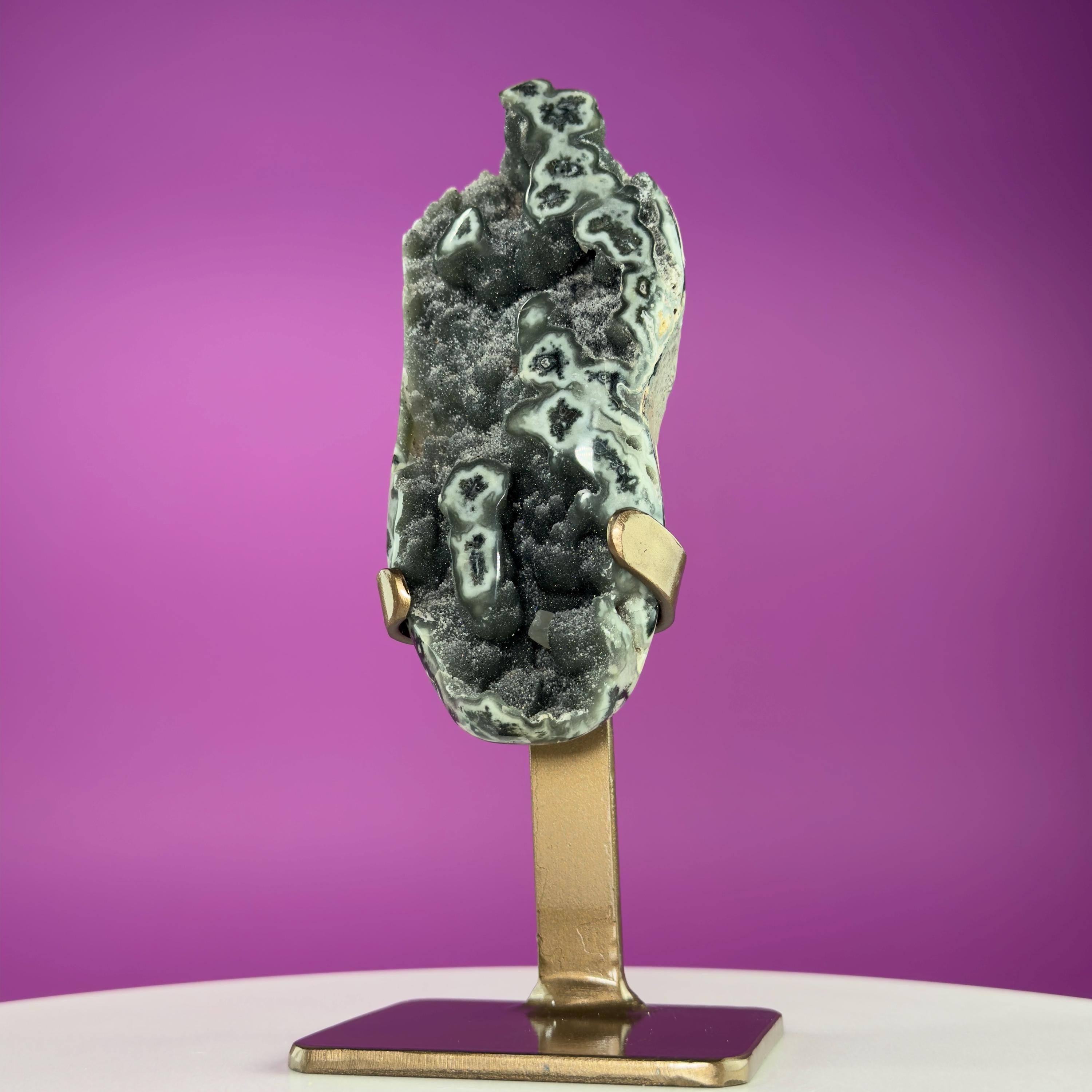 Green Jasper Amethyst Druzy Specimen on Custom Gold Stand | Collector Mineral Display