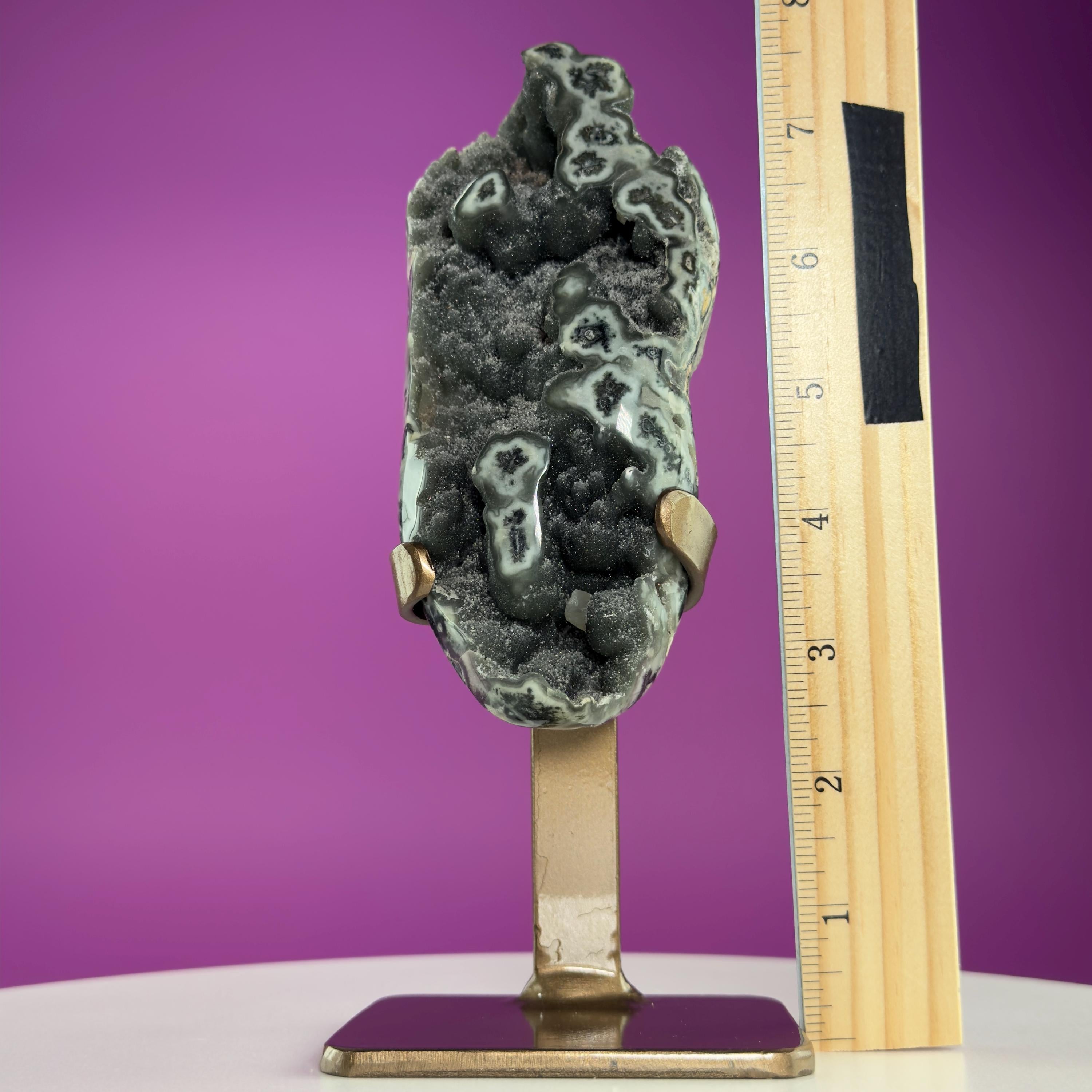 Green Jasper Amethyst Druzy Specimen on Custom Gold Stand | Collector Mineral Display