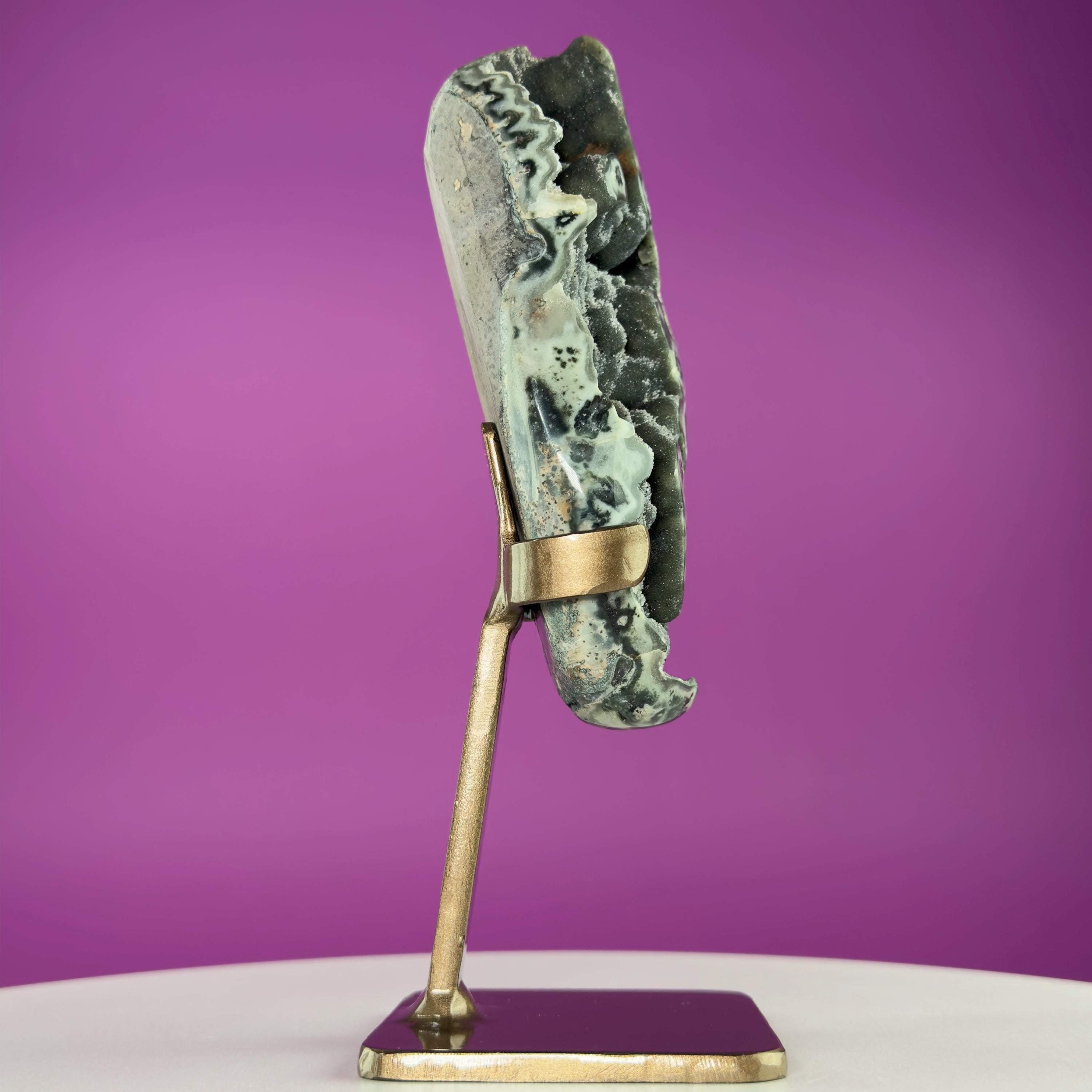 Green Jasper Amethyst Druzy Specimen on Custom Gold Stand | Collector Mineral Display