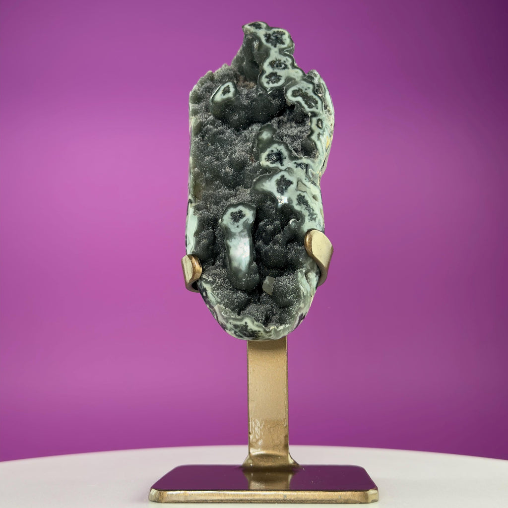 Green Jasper Amethyst Druzy Specimen on Custom Gold Stand | Collector Mineral Display