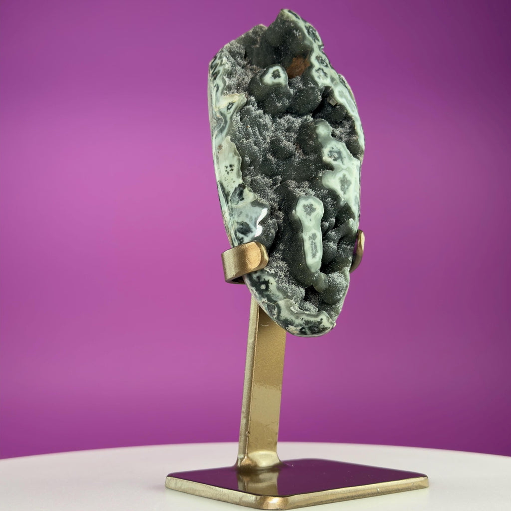 Green Jasper Amethyst Druzy Specimen on Custom Gold Stand | Collector Mineral Display