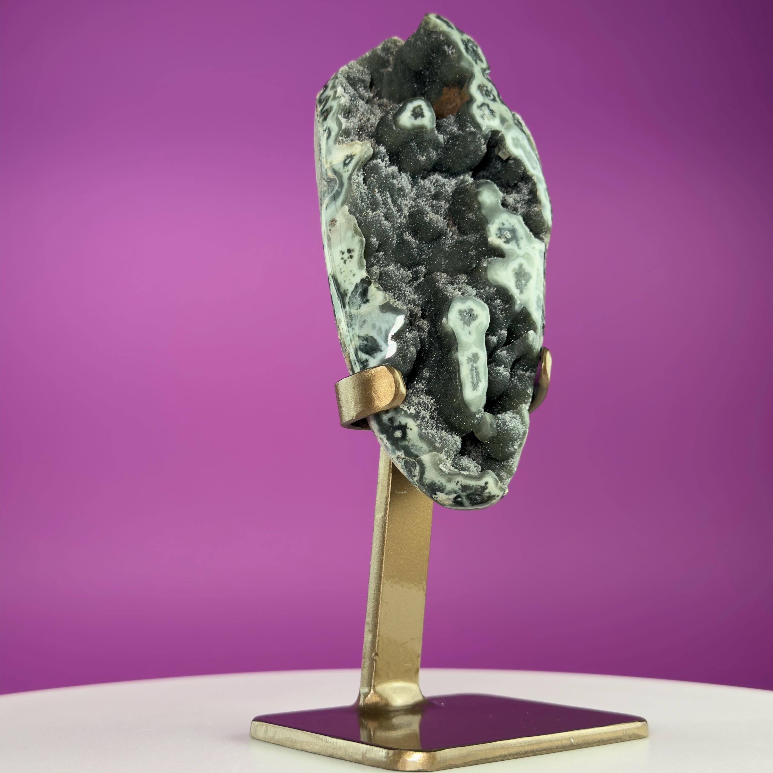 Green Jasper Amethyst Druzy Specimen on Custom Gold Stand | Collector Mineral Display