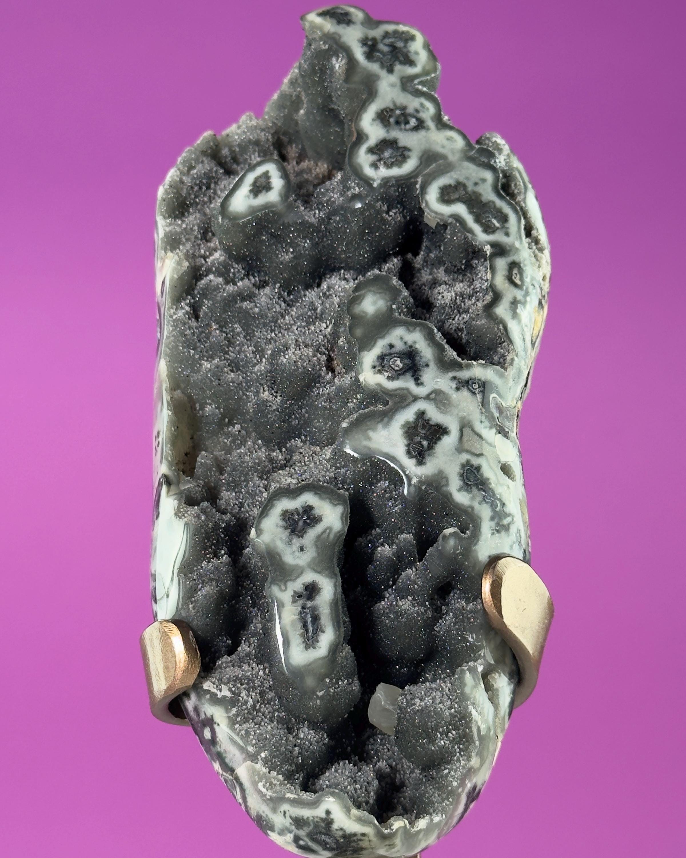 Green Jasper Amethyst Druzy Specimen on Custom Gold Stand | Collector Mineral Display