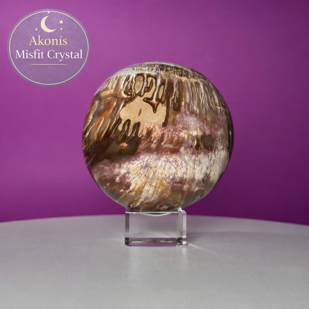 Petrified Wood Sphere with Stand | Natural Fossil Crystal Display (Imperfect / Repaired)