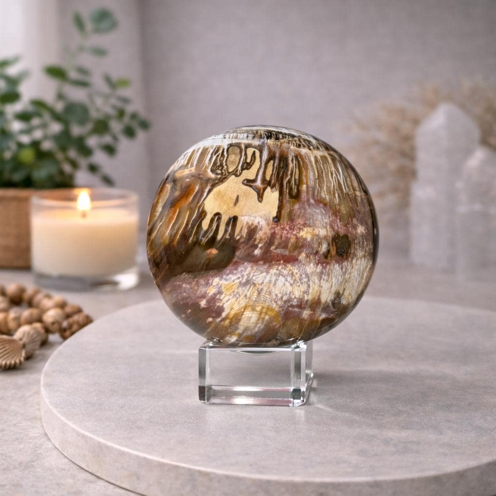 Petrified Wood Sphere with Stand | Natural Fossil Crystal Display (Imperfect / Repaired)