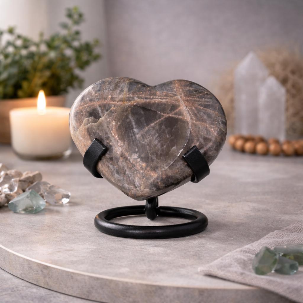 Black Moonstone Heart Carving with Black Metal Stand | Intuition & Protection Crystal