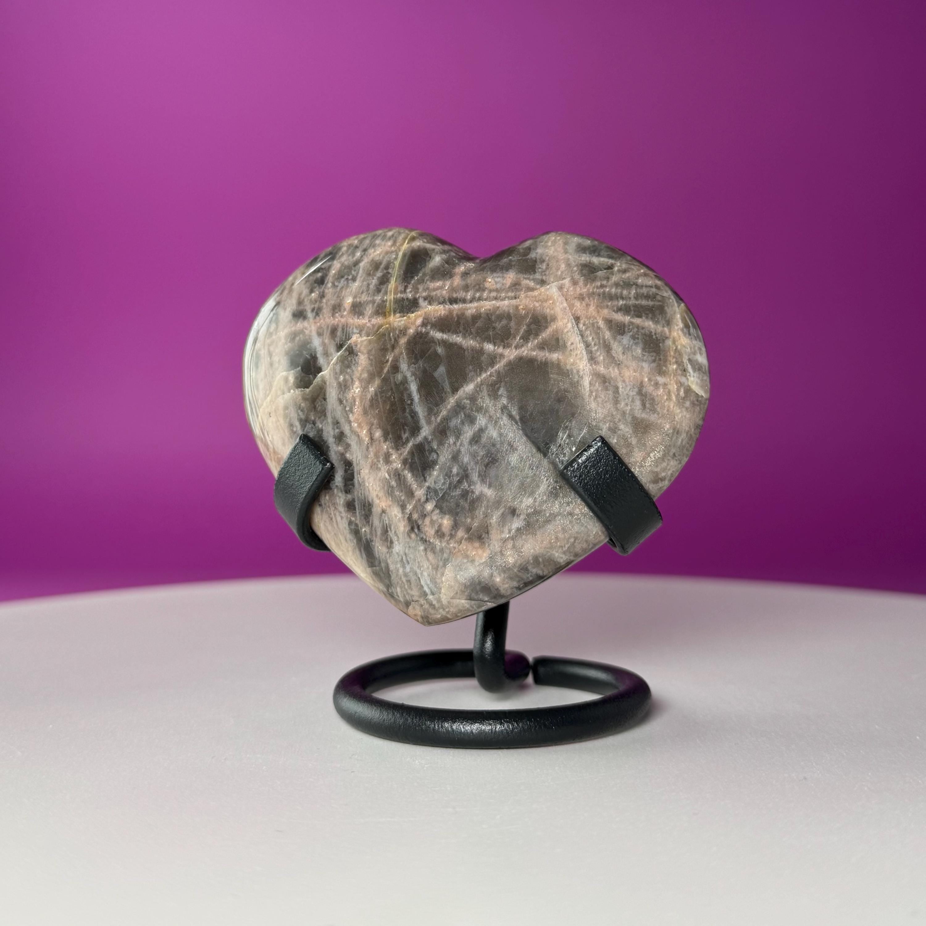 Black Moonstone Heart Carving with Black Metal Stand | Intuition & Protection Crystal