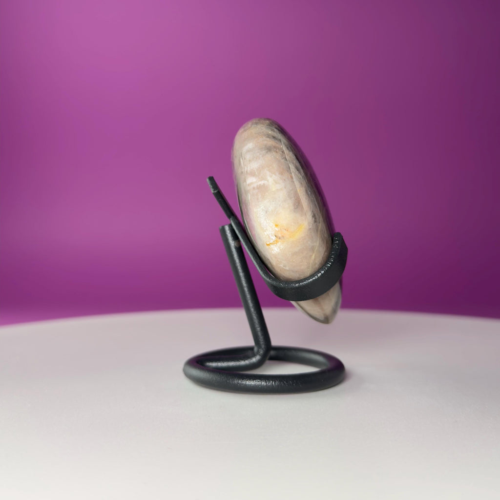 Black Moonstone Heart Carving with Black Metal Stand | Intuition & Protection Crystal