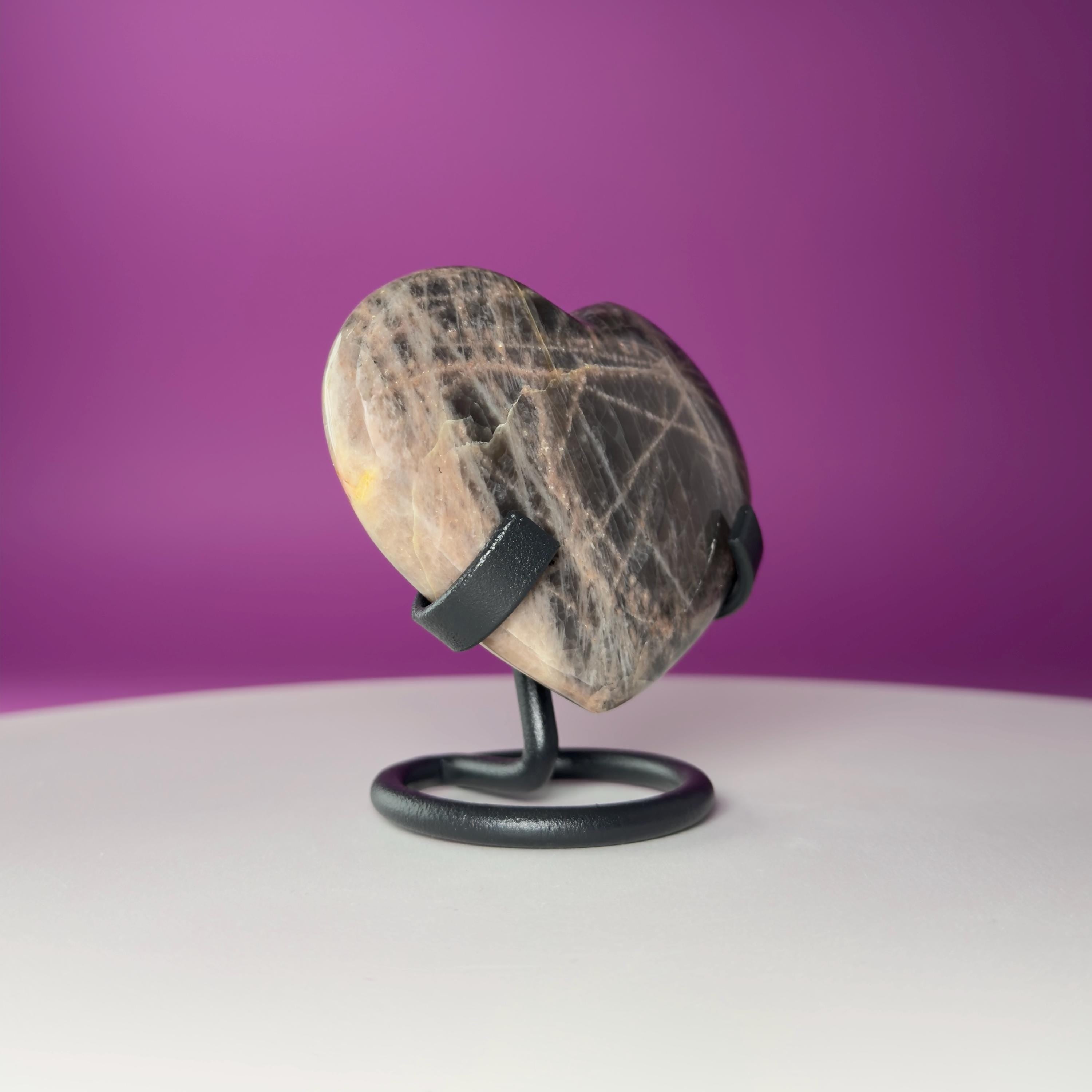 Black Moonstone Heart Carving with Black Metal Stand | Intuition & Protection Crystal