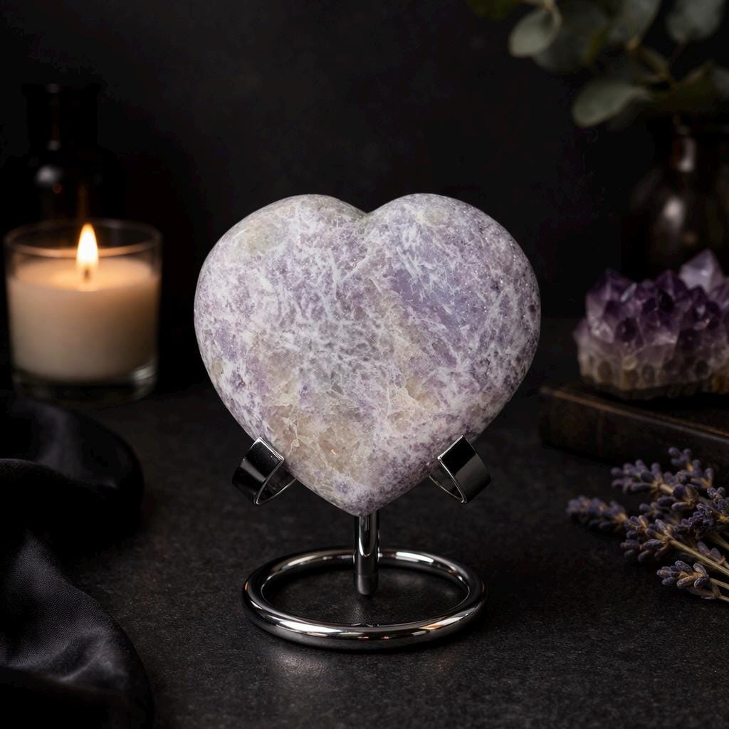Lepidolite Crystal Heart with Smoky Quartz – Calming Healing Stone Display 300g
