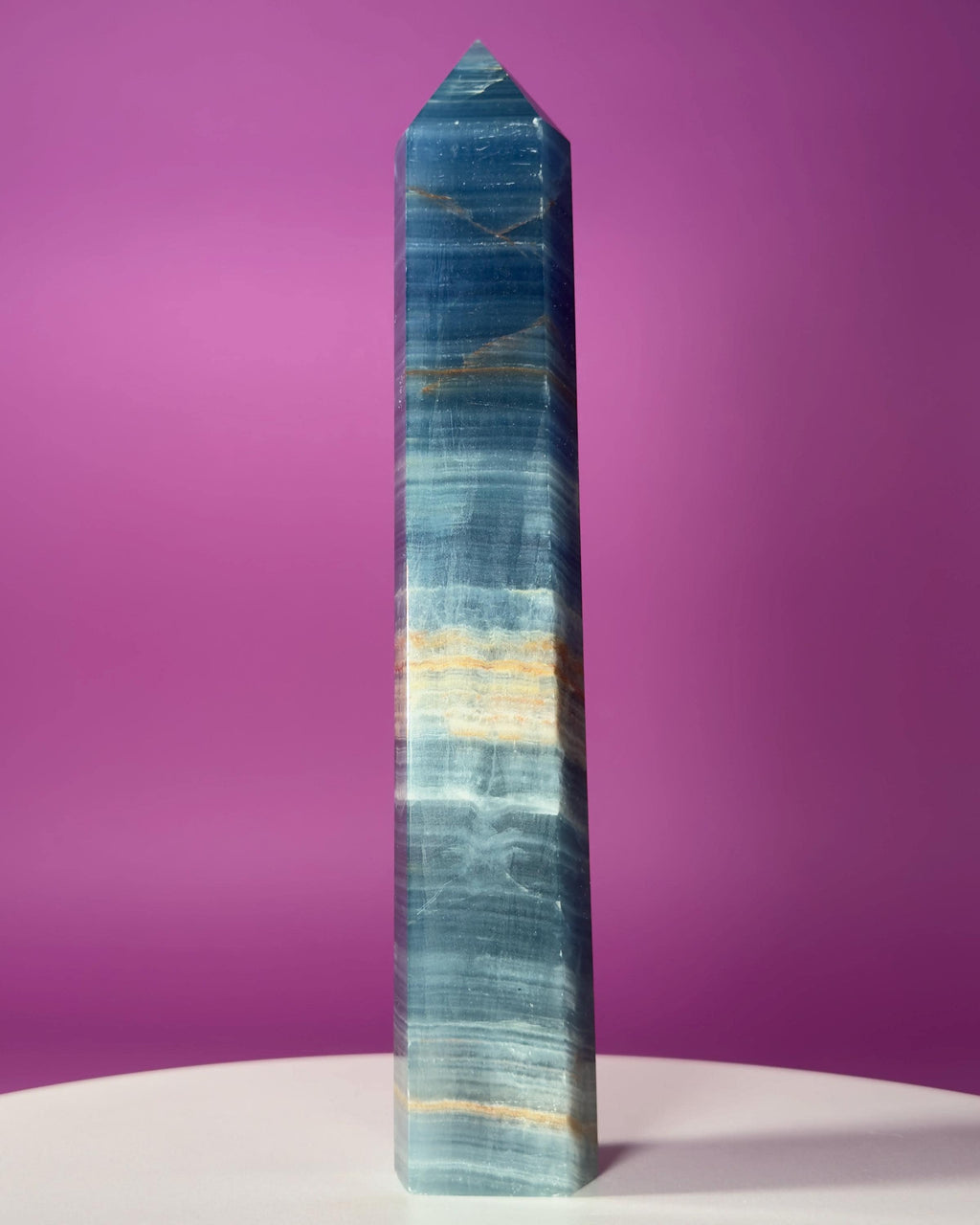 Blue Onyx (Aquatine Calcite) Tower – 910g Banded Blue Crystal Tower