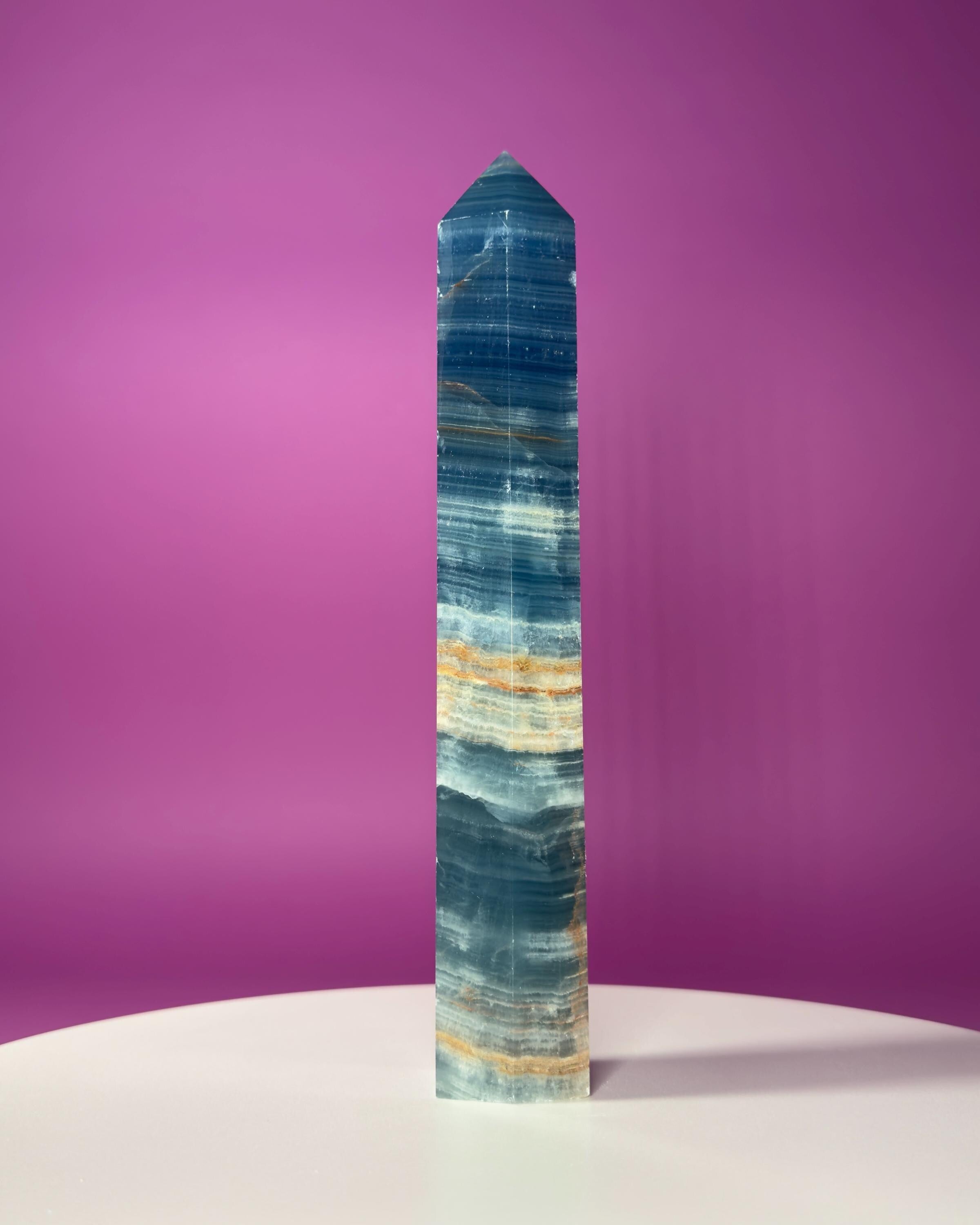 Blue Onyx (Aquatine Calcite) Tower – 910g Banded Blue Crystal Tower