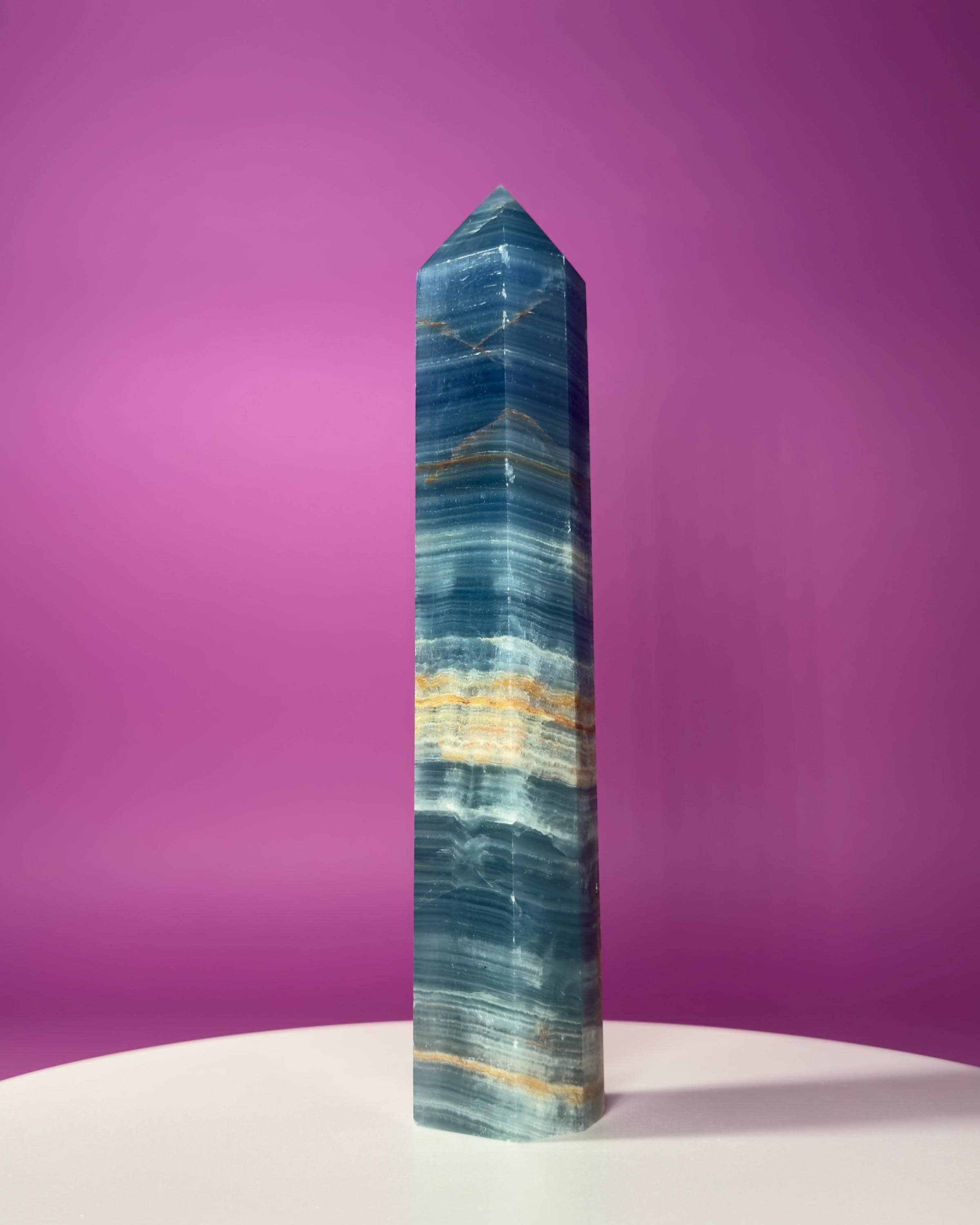 Blue Onyx (Aquatine Calcite) Tower – 910g Banded Blue Crystal Tower