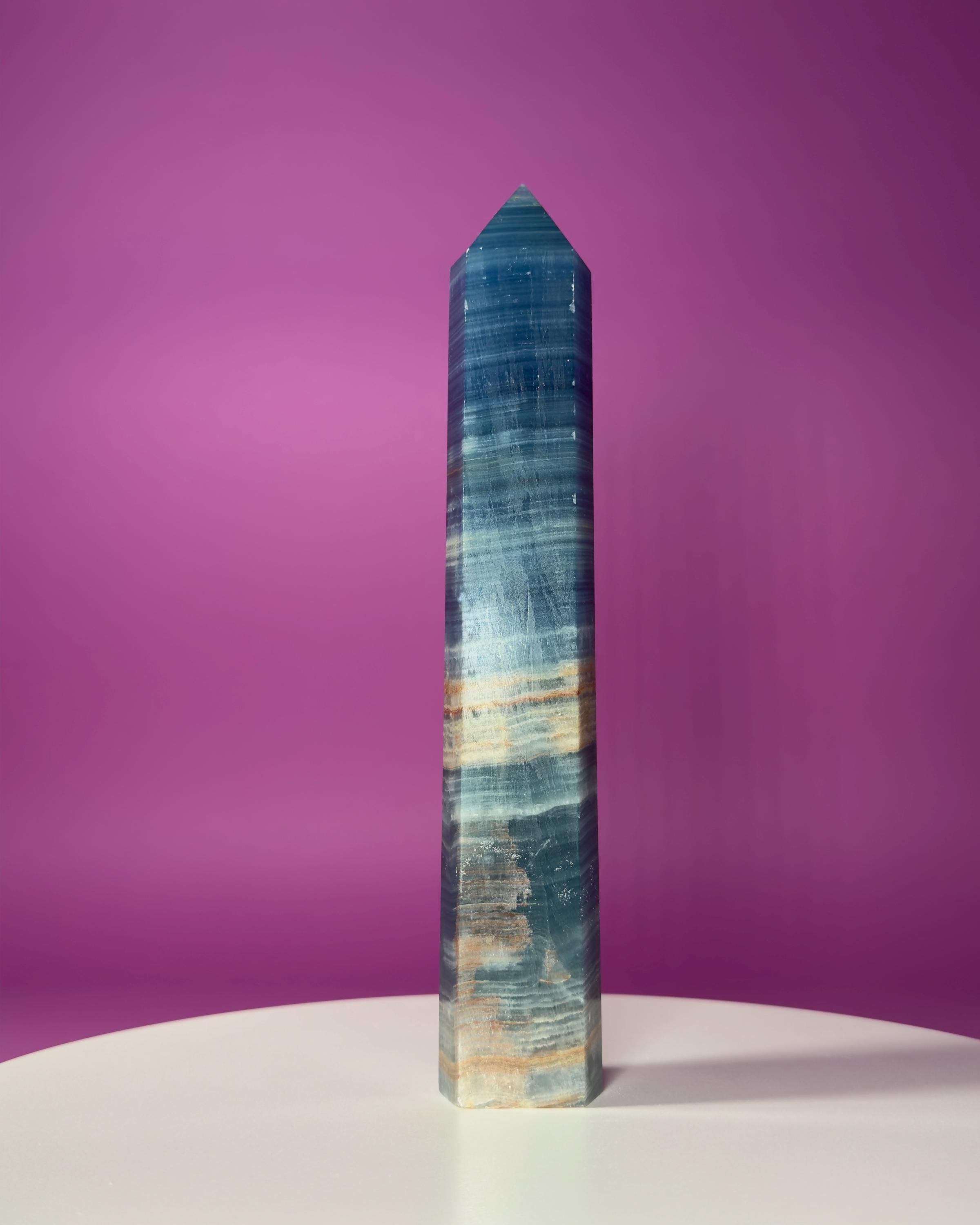 Blue Onyx (Aquatine Calcite) Tower – 910g Banded Blue Crystal Tower