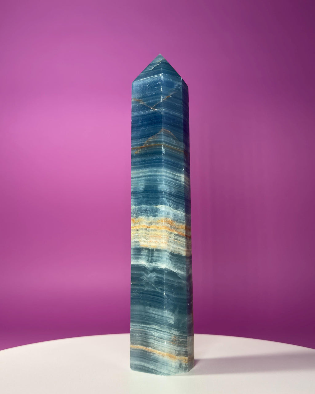 Blue Onyx (Aquatine Calcite) Tower – 910g Banded Blue Crystal Tower