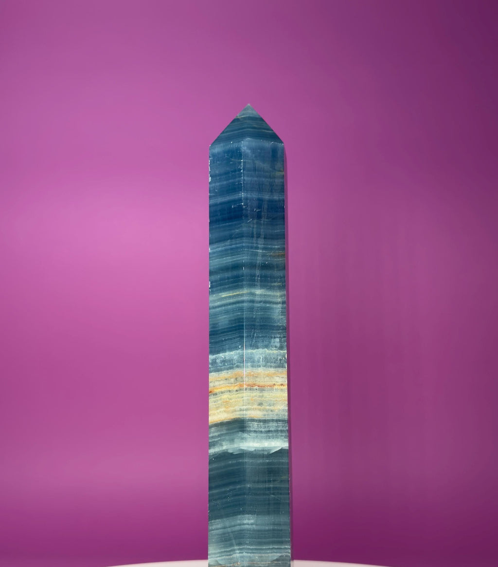 Blue Onyx (Aquatine Calcite) Tower – 910g Banded Blue Crystal Tower