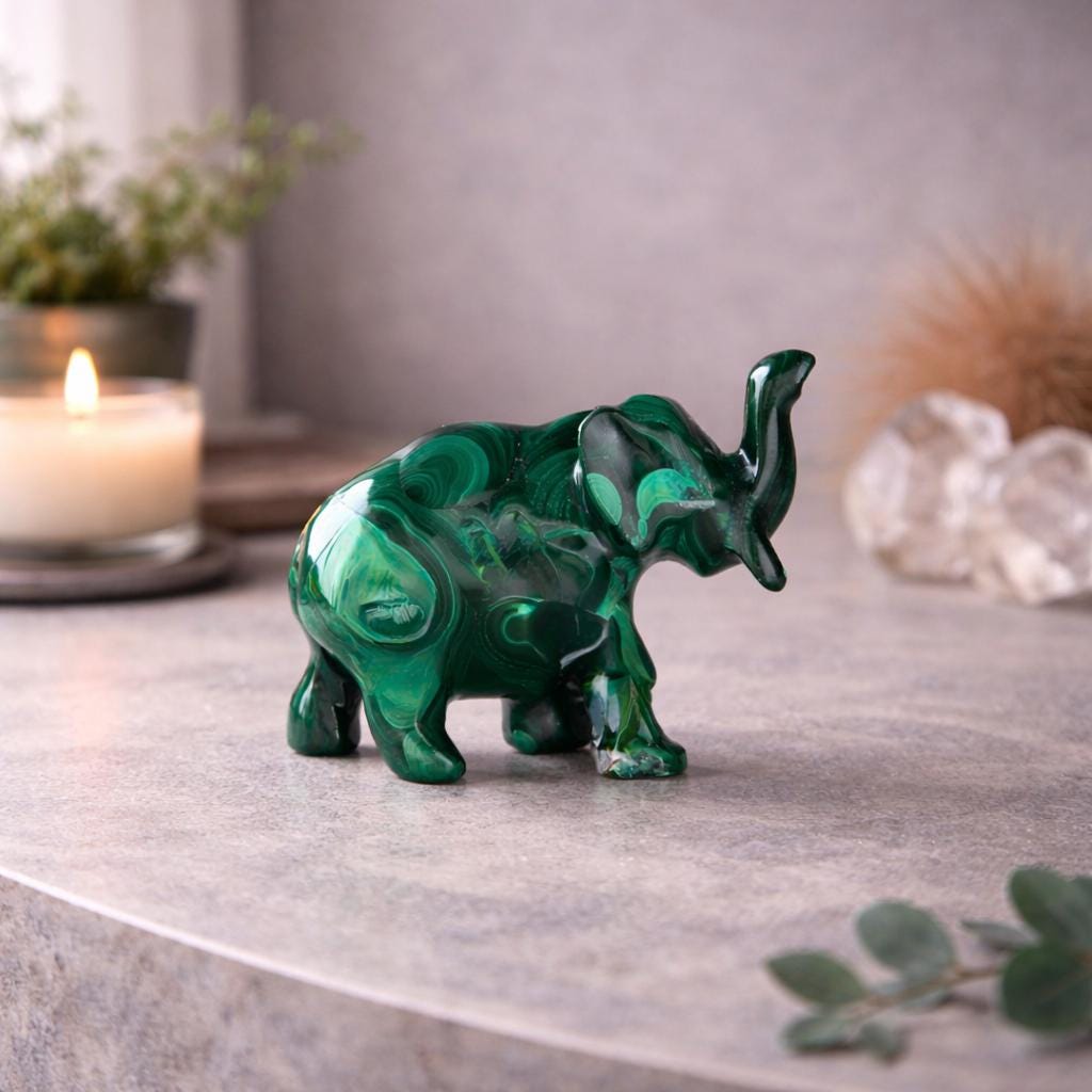 Malachite Elephant Carving from Congo – Green Malachite Crystal Elephant Statue