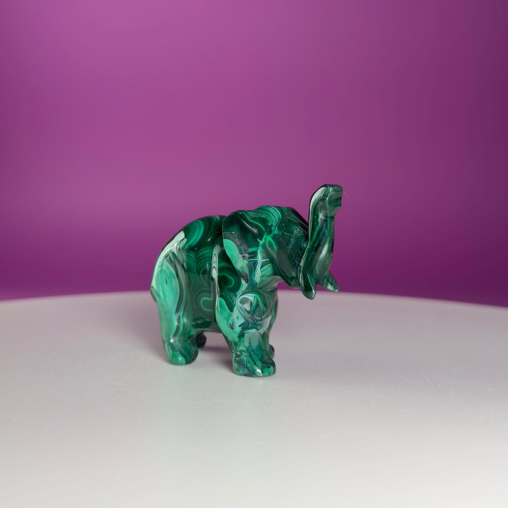 Malachite Elephant Carving from Congo – Green Malachite Crystal Elephant Statue