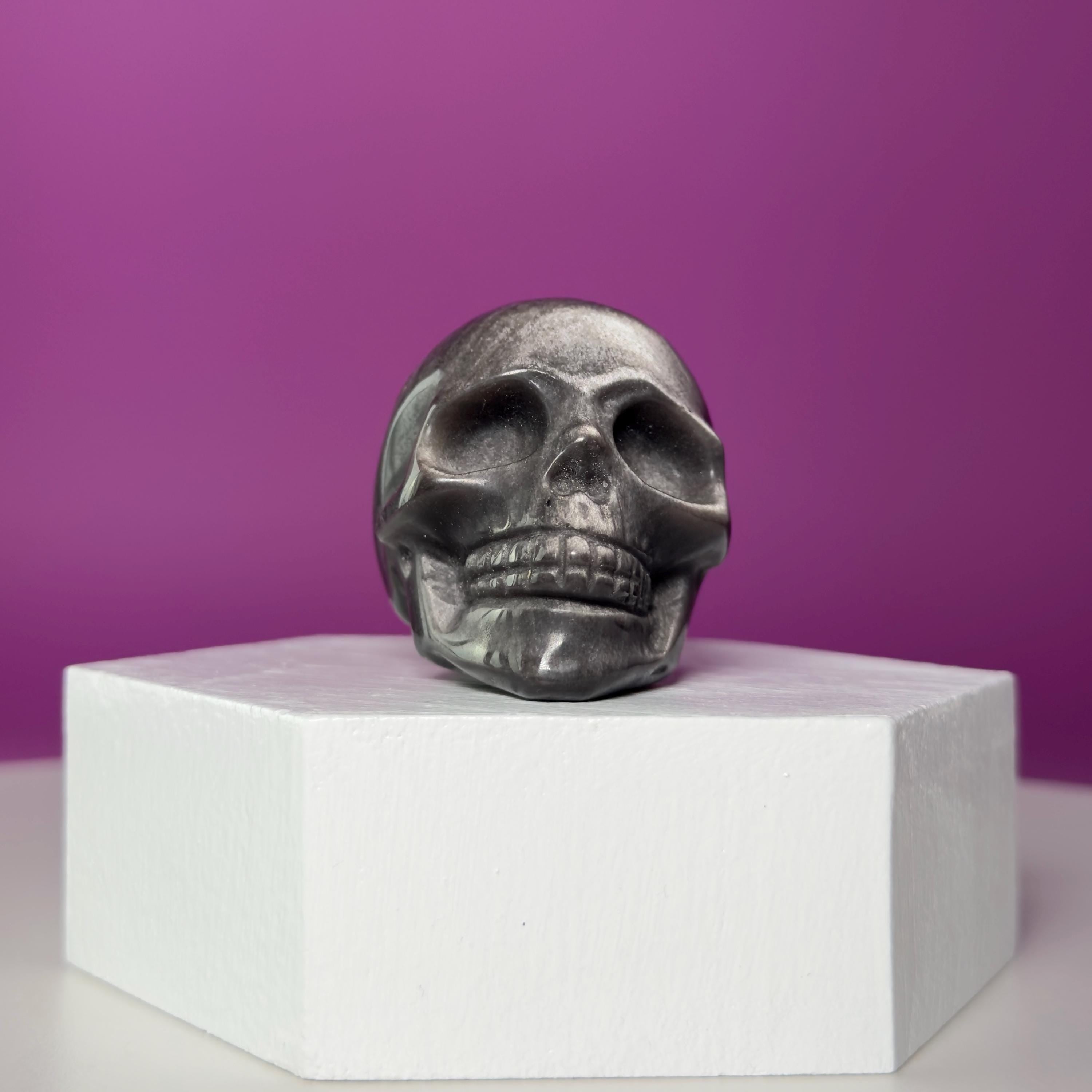 Silver Sheen Obsidian Skull Carving | Polished Crystal Skull for Protection & Grounding