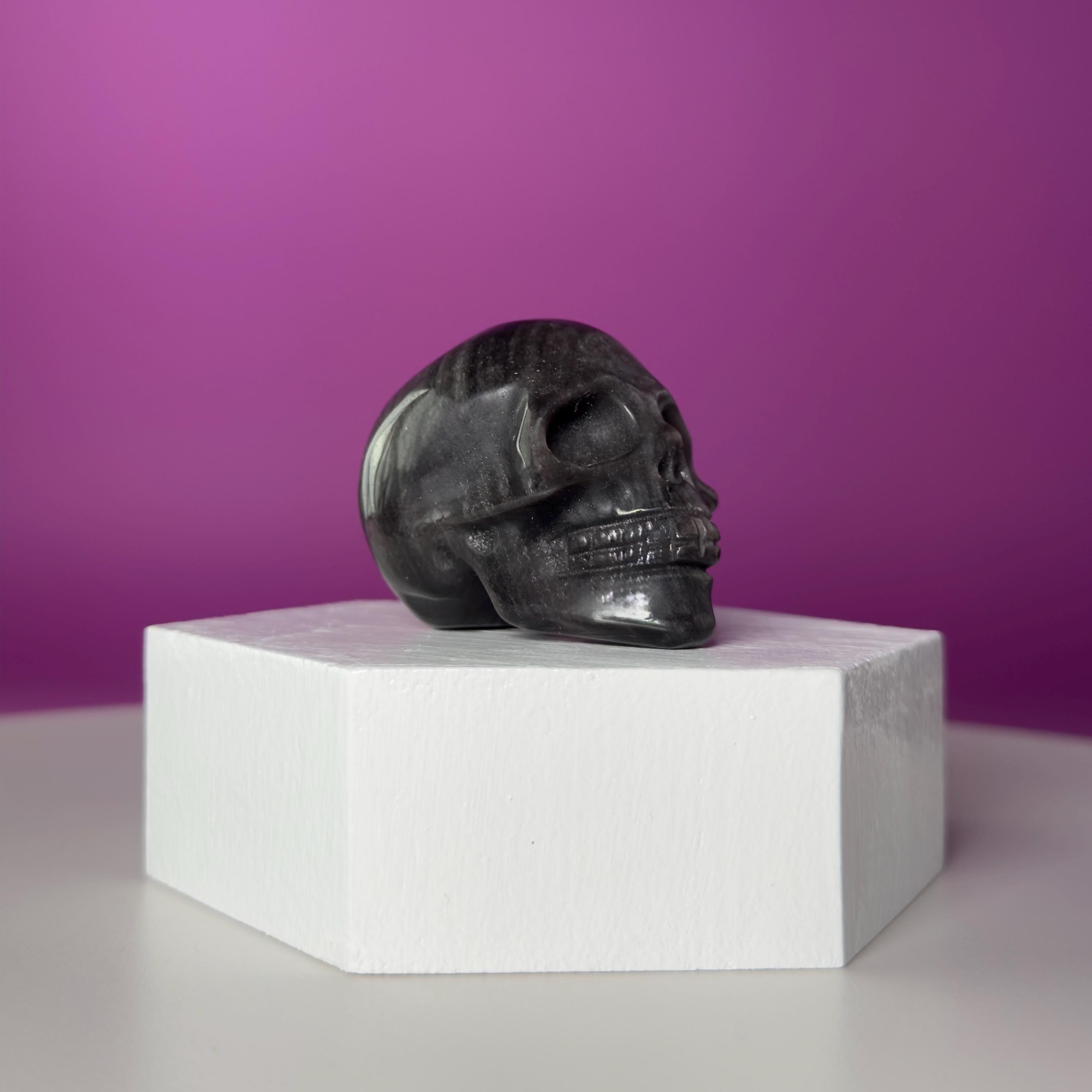 Silver Sheen Obsidian Skull Carving | Polished Crystal Skull for Protection & Grounding