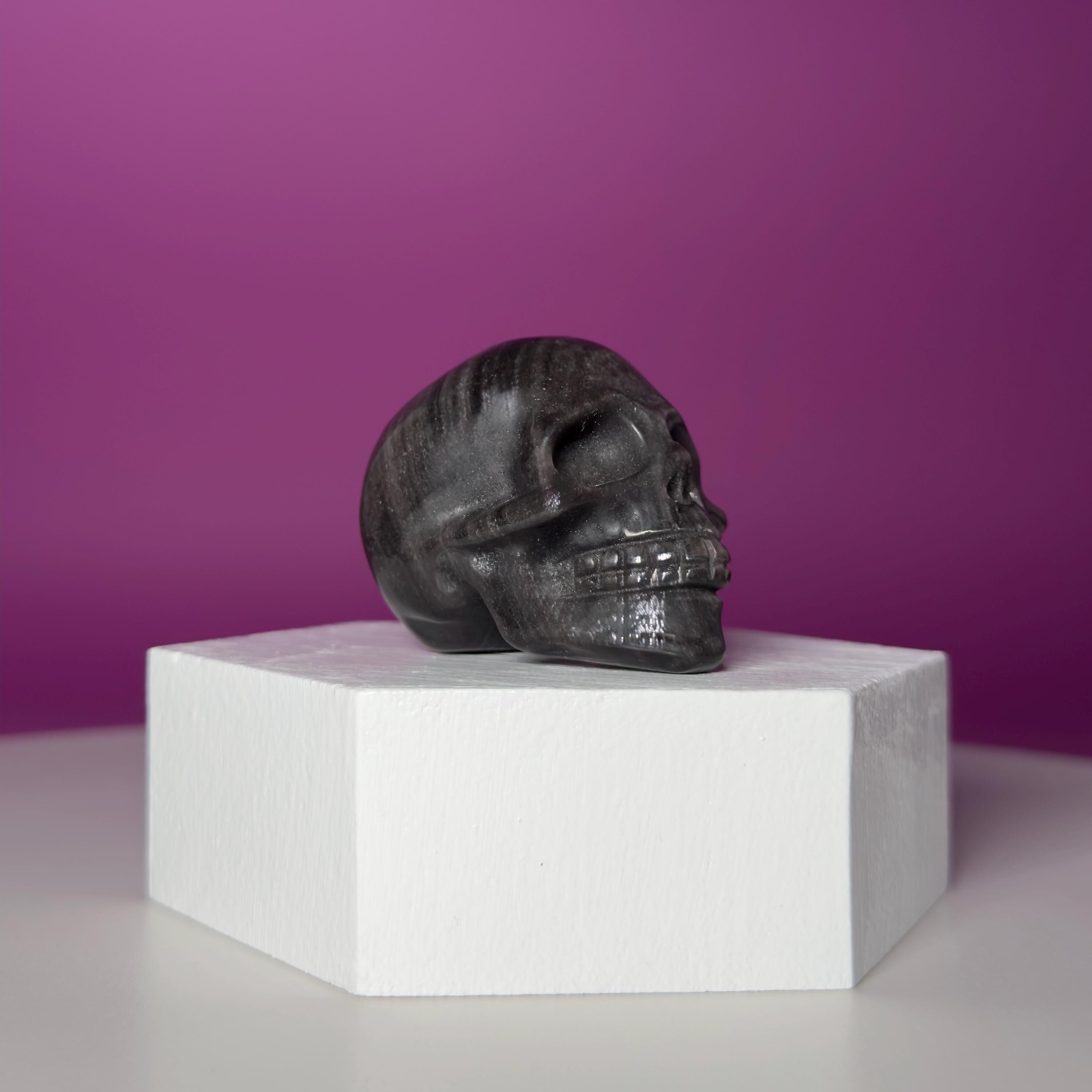 Silver Sheen Obsidian Skull Carving | Polished Crystal Skull for Protection & Grounding