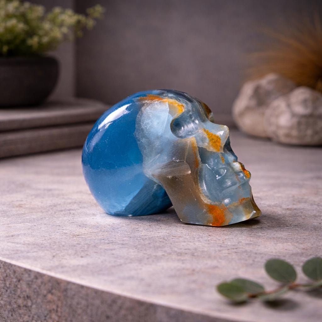Blue Onyx Skull Carving | Polished Crystal Skull for Strength & Focus