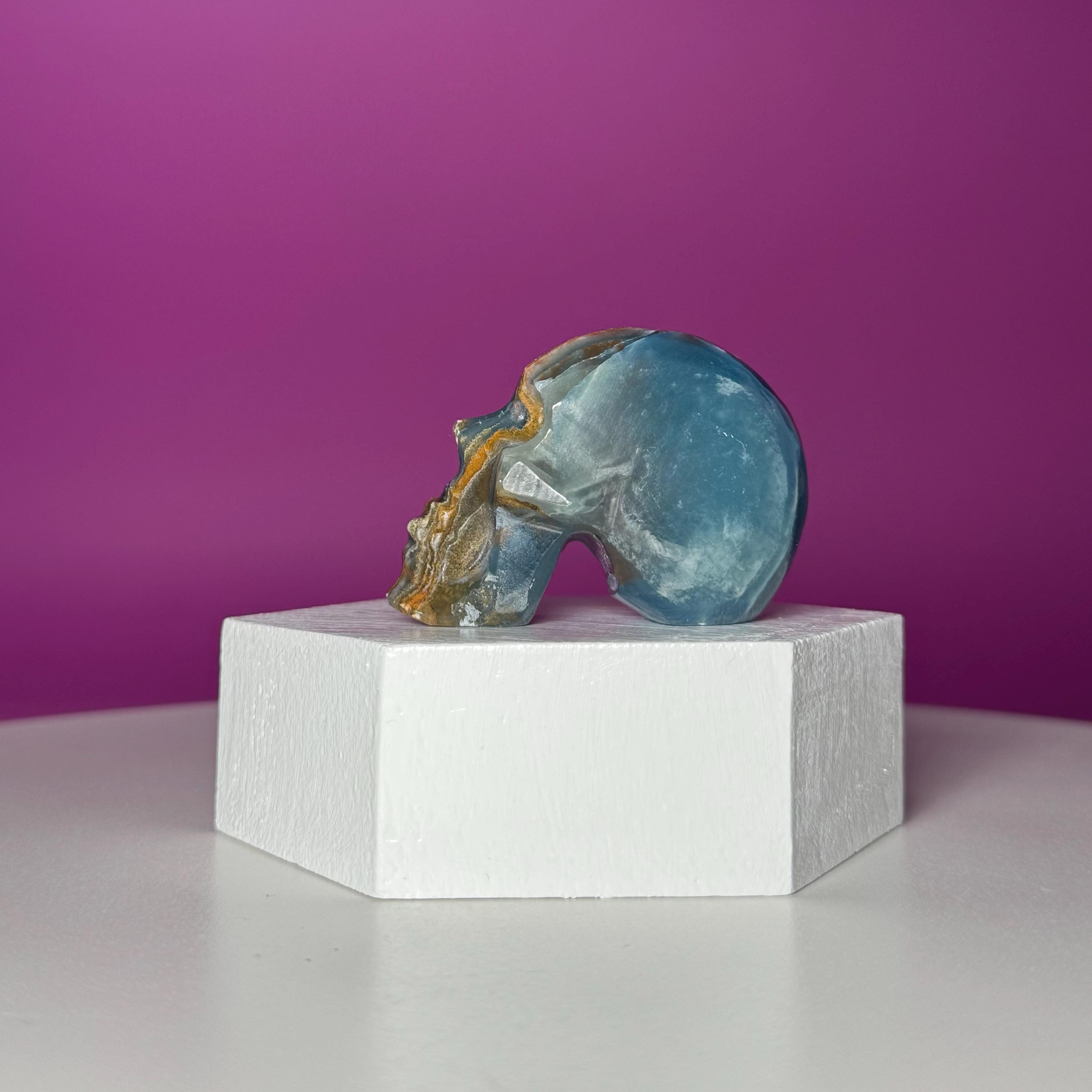 Blue Onyx Skull Carving | Polished Crystal Skull for Strength & Focus