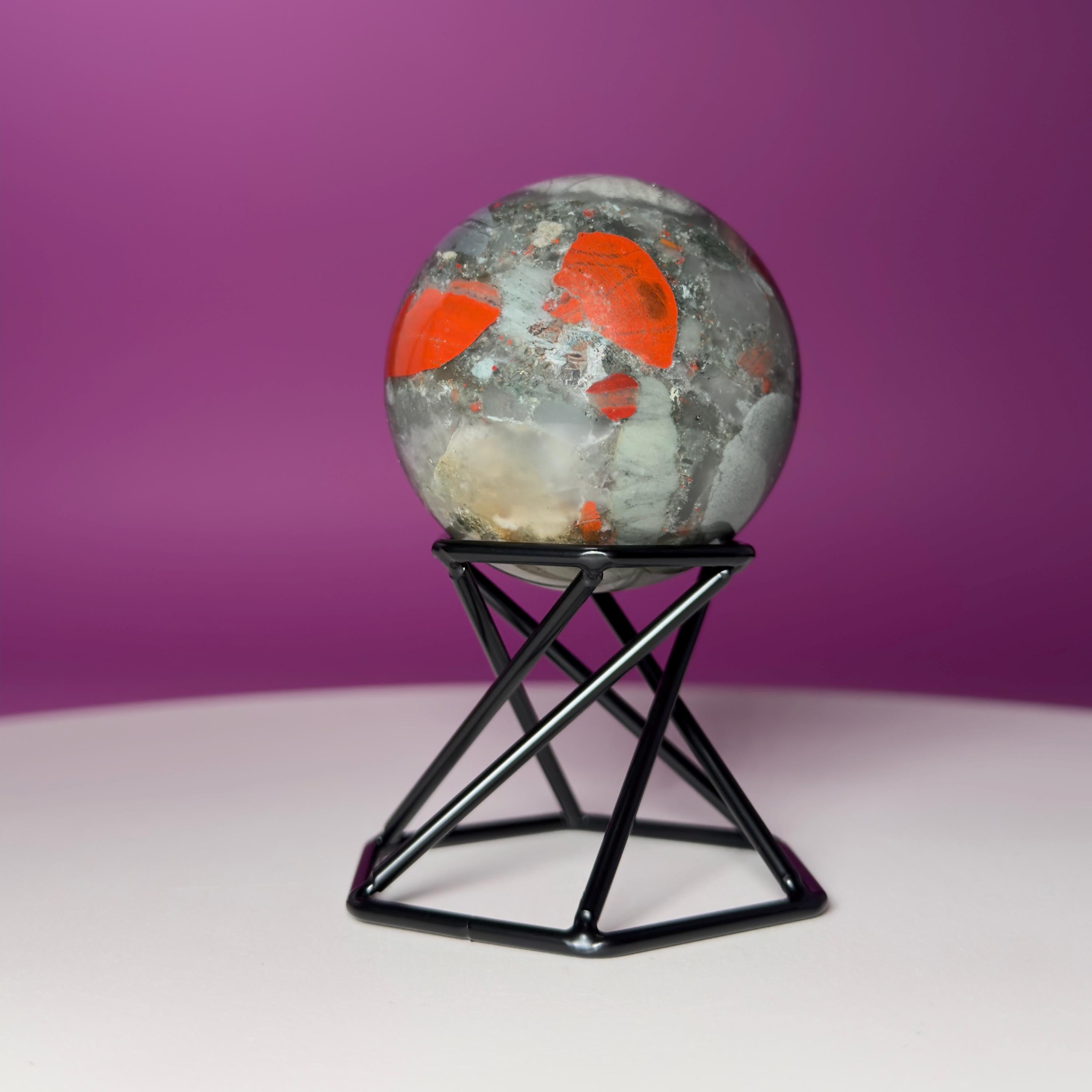 Bloodstone Sphere with Black Metal Stand | Polished Crystal Sphere for Strength & Protection