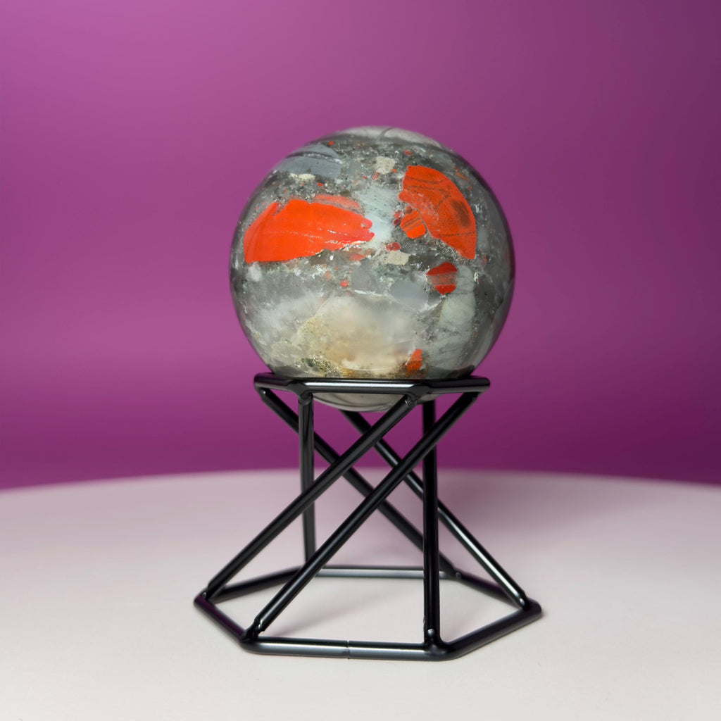 Bloodstone Sphere with Black Metal Stand | Polished Crystal Sphere for Strength & Protection