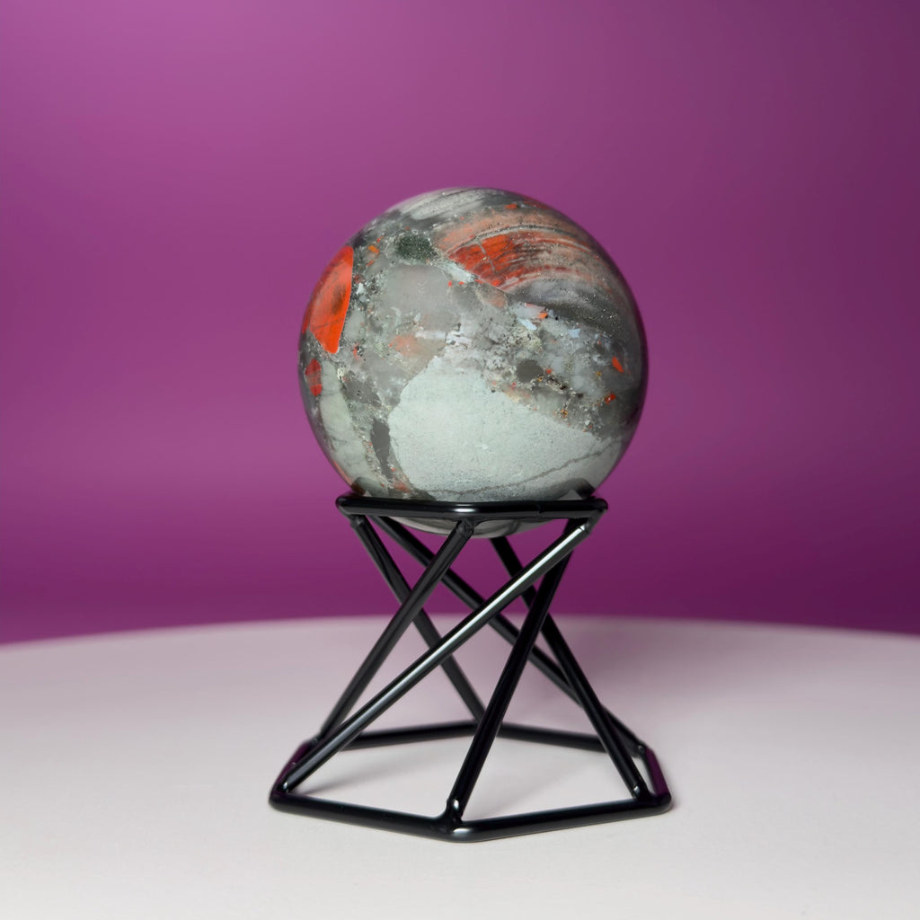 Bloodstone Sphere with Black Metal Stand | Polished Crystal Sphere for Strength & Protection