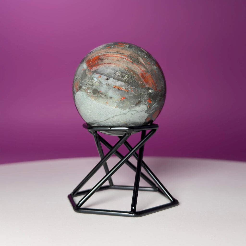 Bloodstone Sphere with Black Metal Stand | Polished Crystal Sphere for Strength & Protection