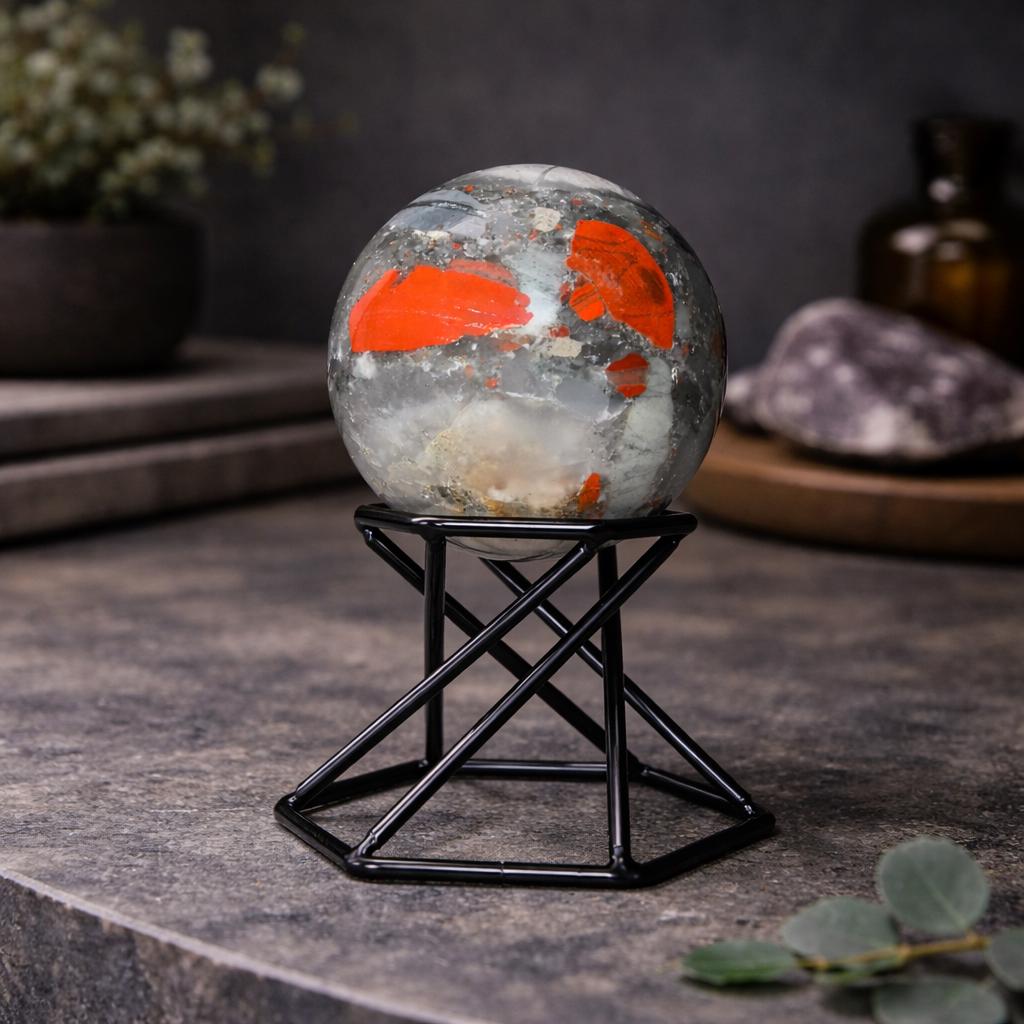 Bloodstone Sphere with Black Metal Stand | Polished Crystal Sphere for Strength & Protection