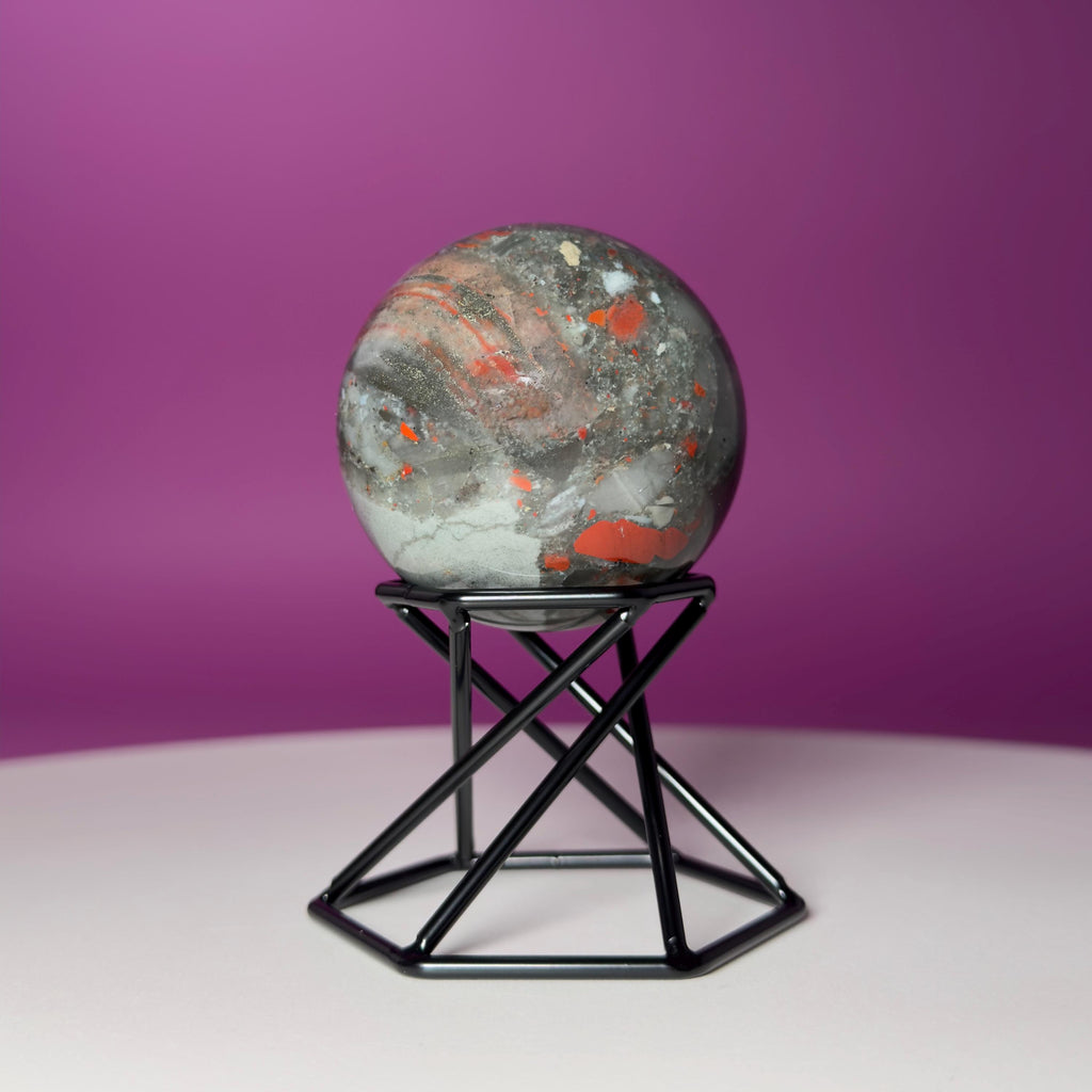 Bloodstone Sphere with Black Metal Stand | Polished Crystal Sphere for Strength & Protection