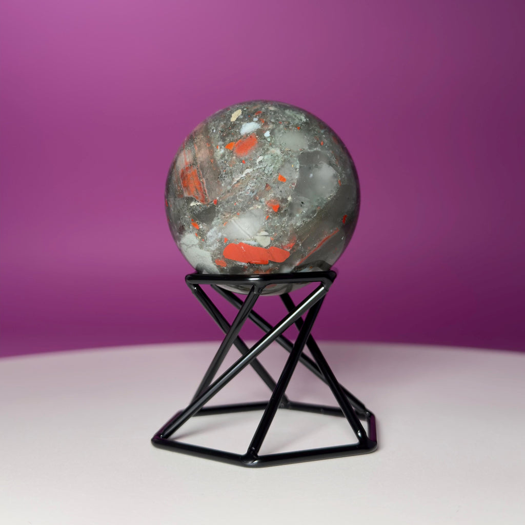 Bloodstone Sphere with Black Metal Stand | Polished Crystal Sphere for Strength & Protection
