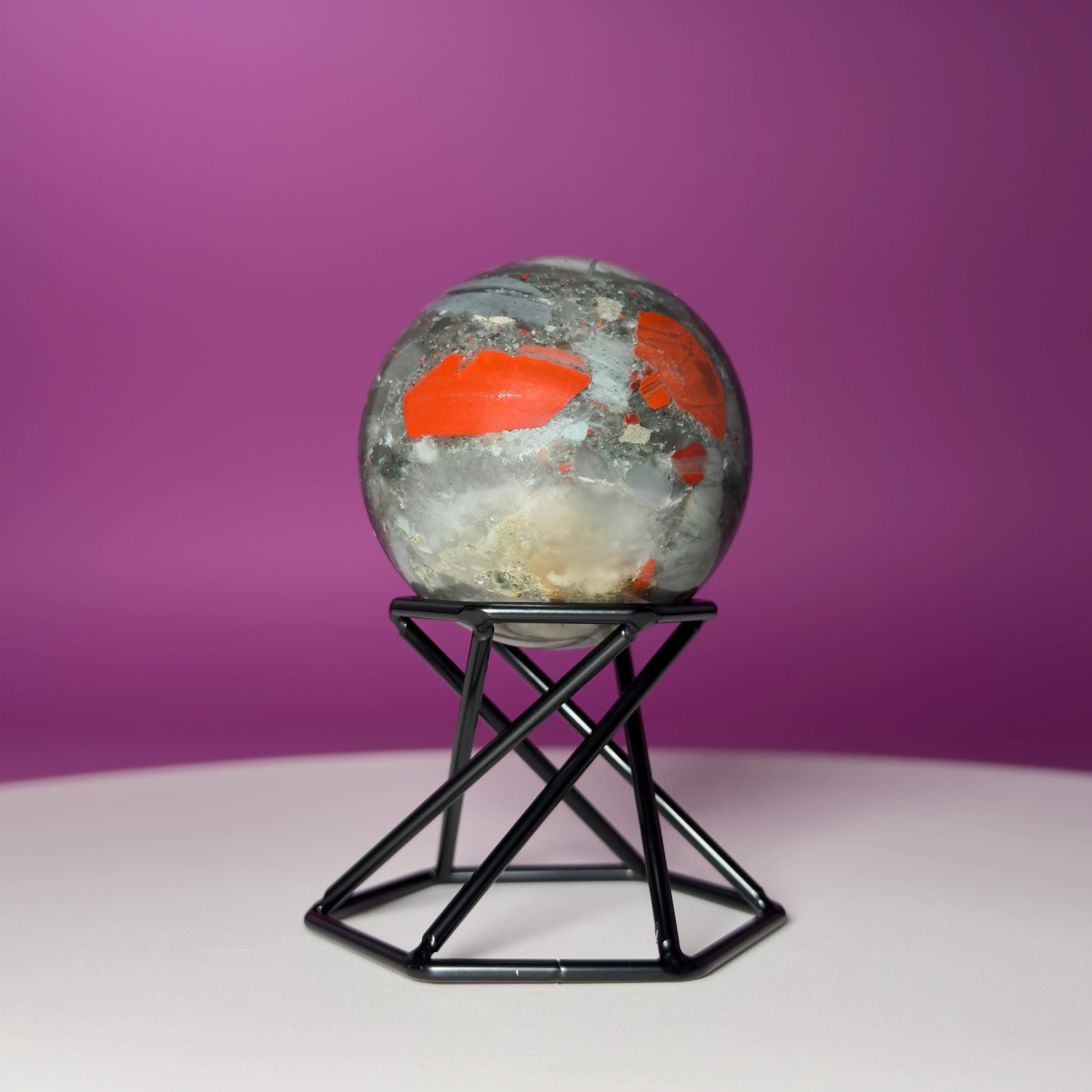 Bloodstone Sphere with Black Metal Stand | Polished Crystal Sphere for Strength & Protection