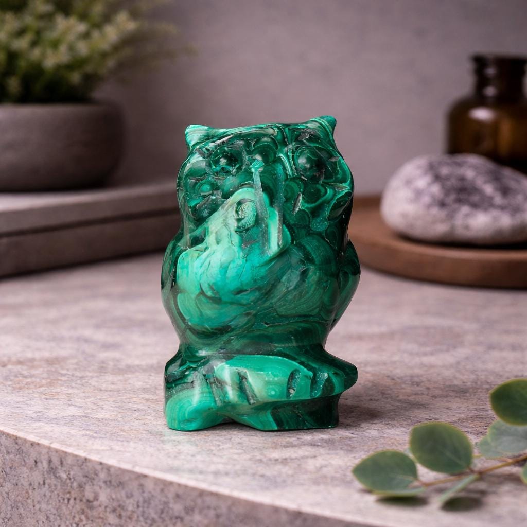 Malachite Owl Carving – Polished Green Crystal Owl Statue for Wisdom