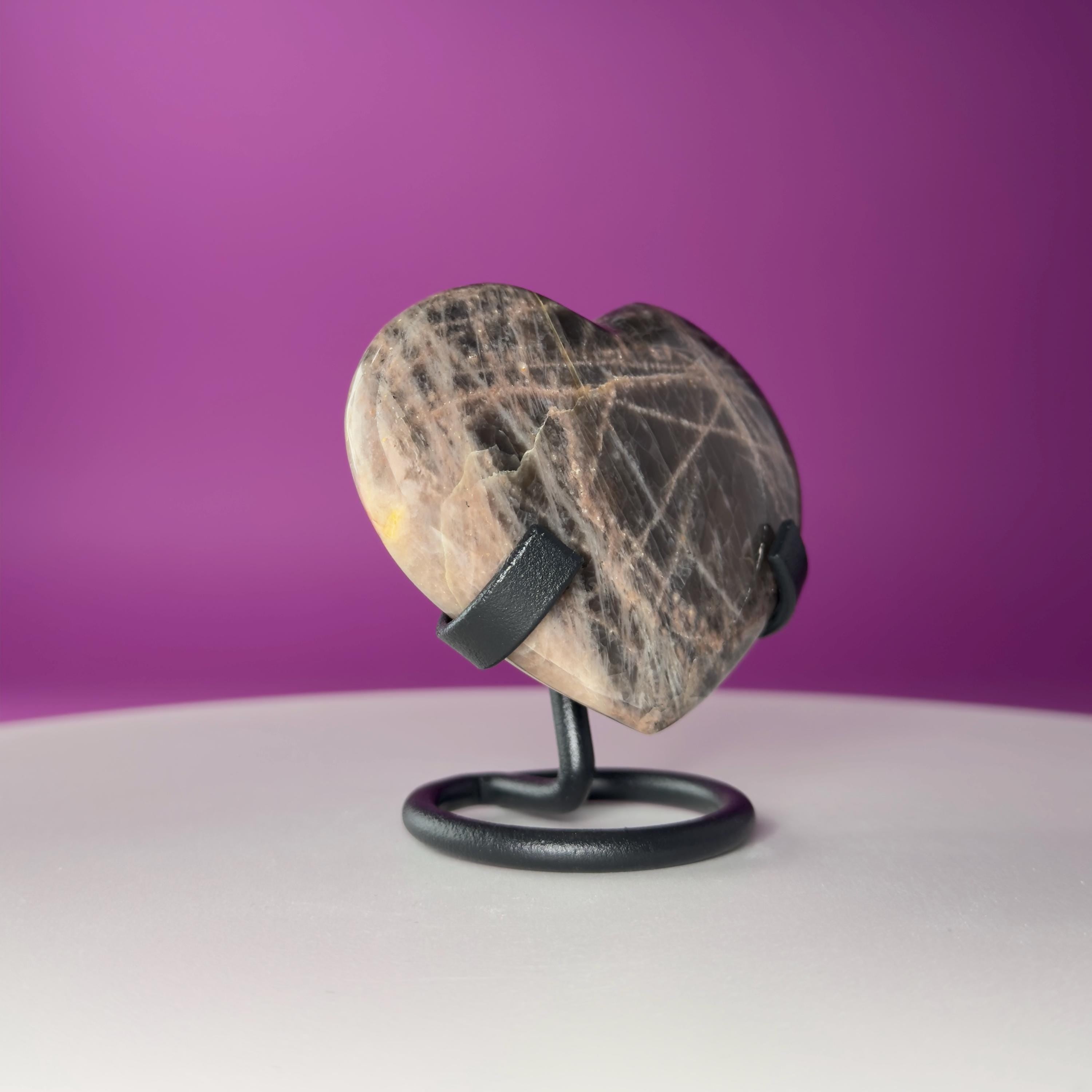 Black Moonstone Heart Carving with Black Metal Stand | Intuition & Protection Crystal