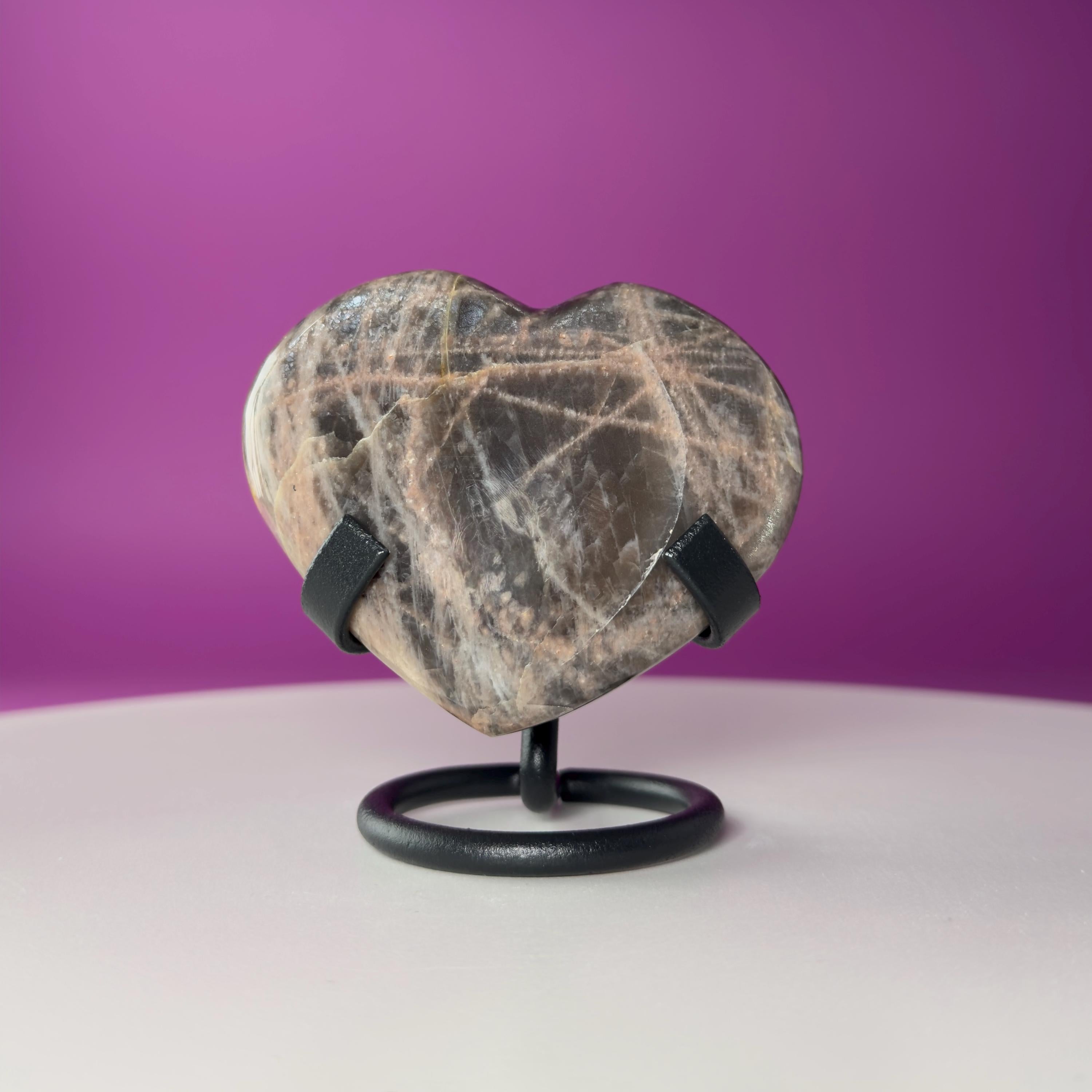 Black Moonstone Heart Carving with Black Metal Stand | Intuition & Protection Crystal